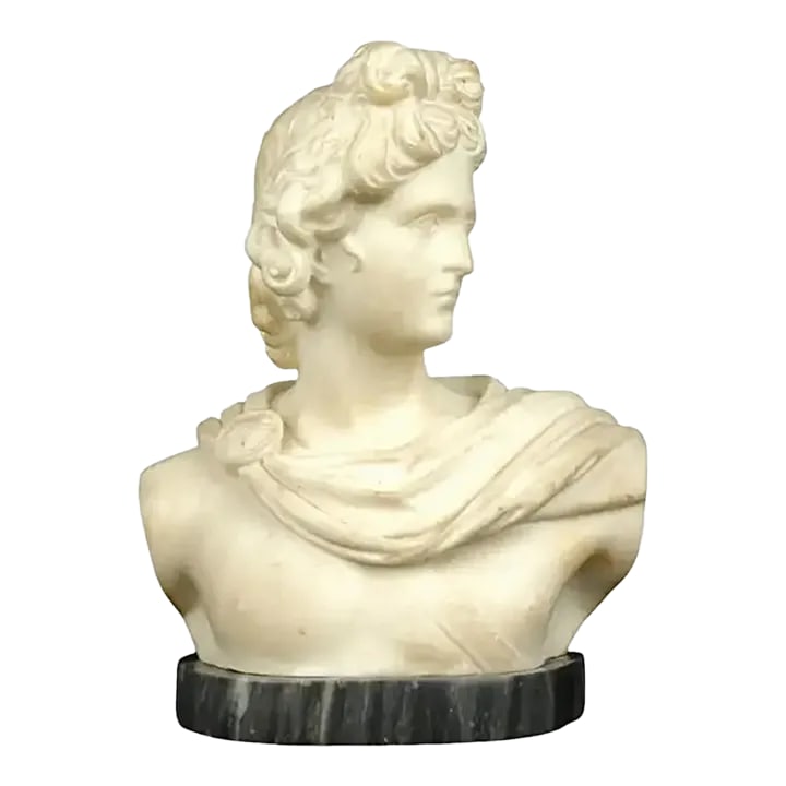 19th Century Italian Grand Tour Carved Marble Bust of Apollo: 19th century Italian Grand Tour carved white marble bust of Apollo, affixed to variegated marble plinth, no visible signature. Apollo was the Greek god of sun, music poetry and philosophy with idealiz
