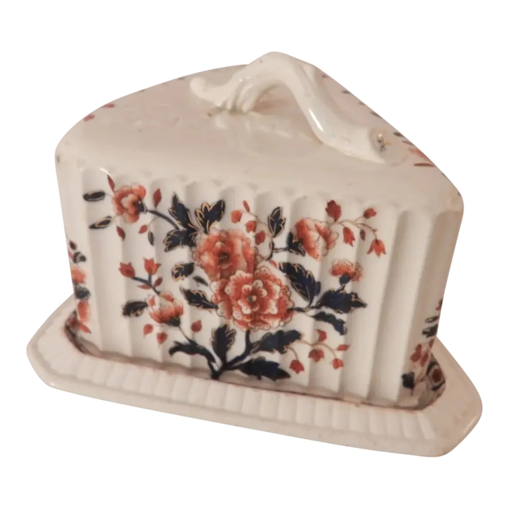 Victorian 1890 English Earthenware Forest Floral Cheese Butter Keeper: This marvelous Victorian hand-painted English ironstone cheese keeper is created in a gorgeous ivory color with forest green and Chinese red foliate motif with gold gilt. The beautiful triangular top 