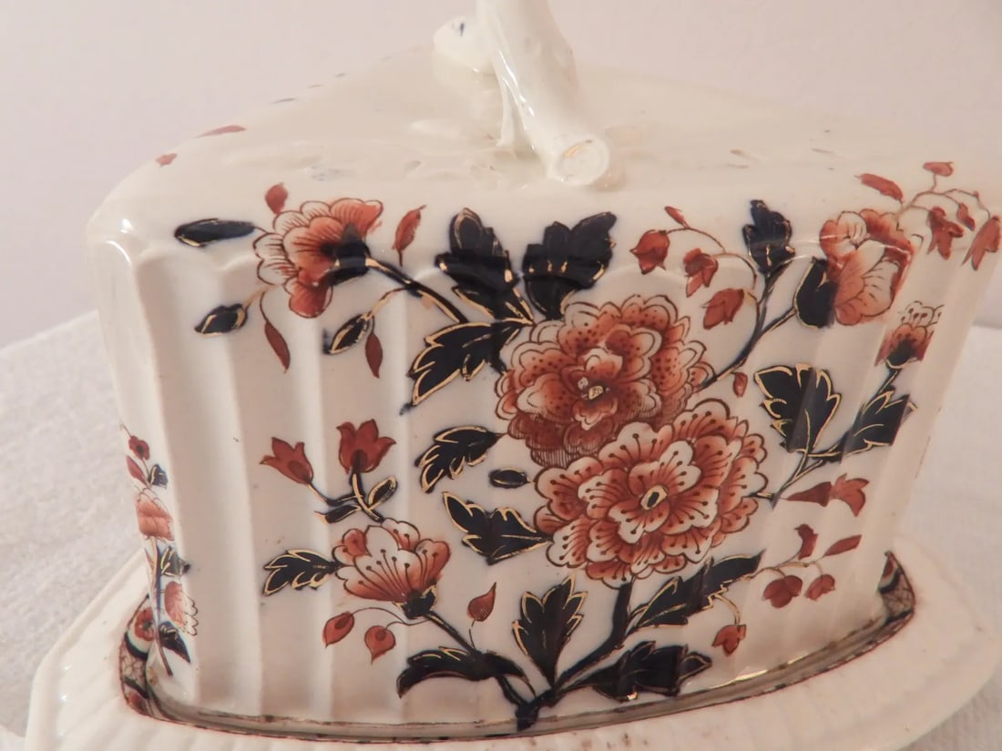Victorian 1890 English Earthenware Forest Floral Cheese Butter Keeper - 3