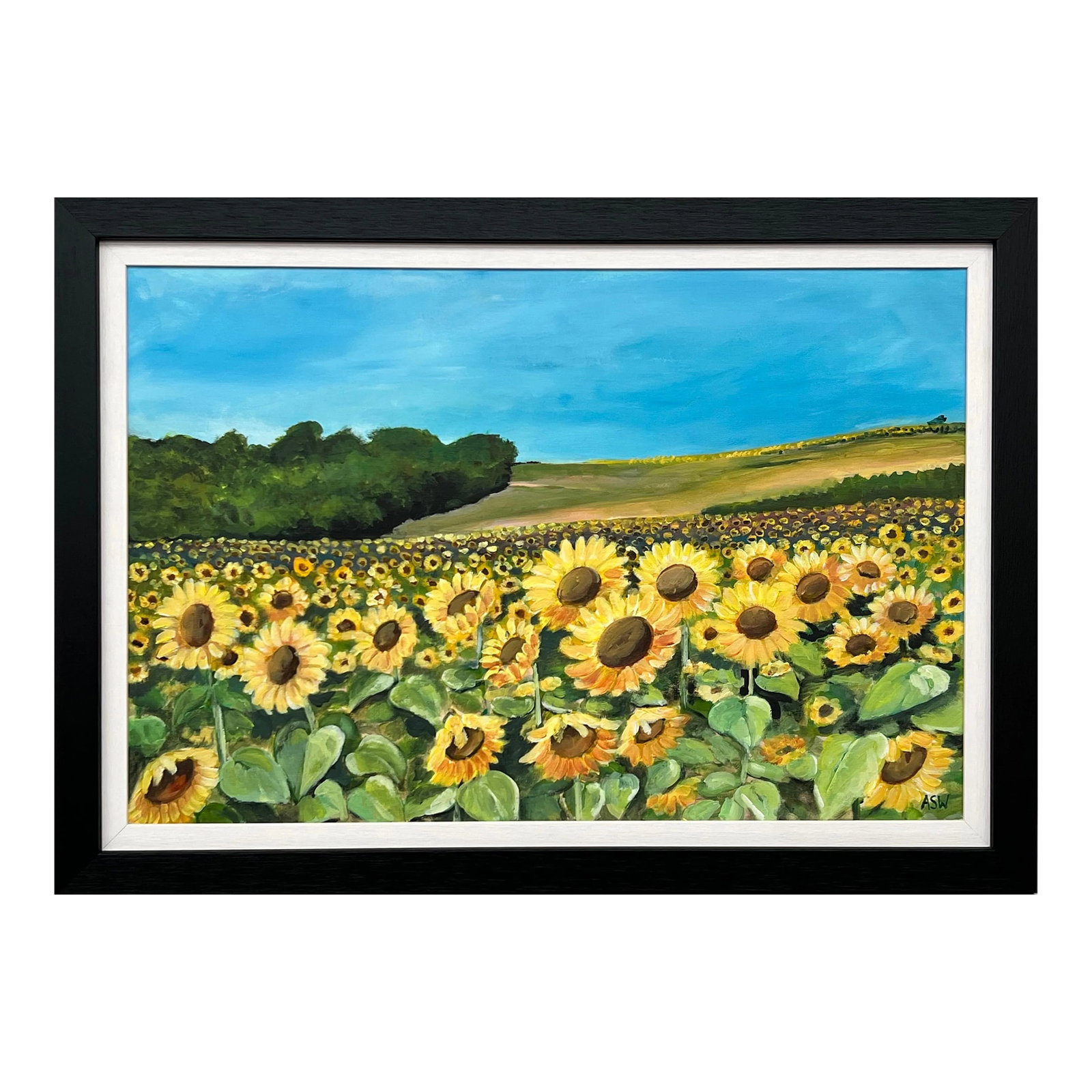 Field of Sunflowers in the Summertime in France by Contemporary British Artist, 2024, Framed: Field of Sunflowers in the Summertime in France by Contemporary British Artist, Angela Wakefield Art measures 30 x 20 inches Frame measures 35 x 25 inches This painting features a vivid and expansive