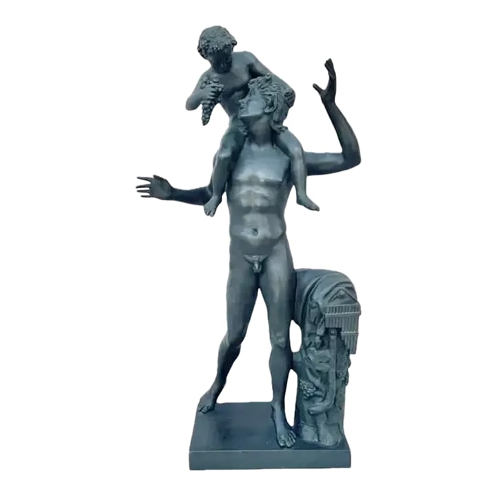 19th Century Grand Tour Bronze Sculpture of Satyr With Infant Dionysus: Italian 19th century Grand Tour Bronze Figure of Satyr With Infant Dionysus. The Satyr, often associated with music, mischief, and sensual pleasure, is shown with one arm cradling Dionysus. Dionysus