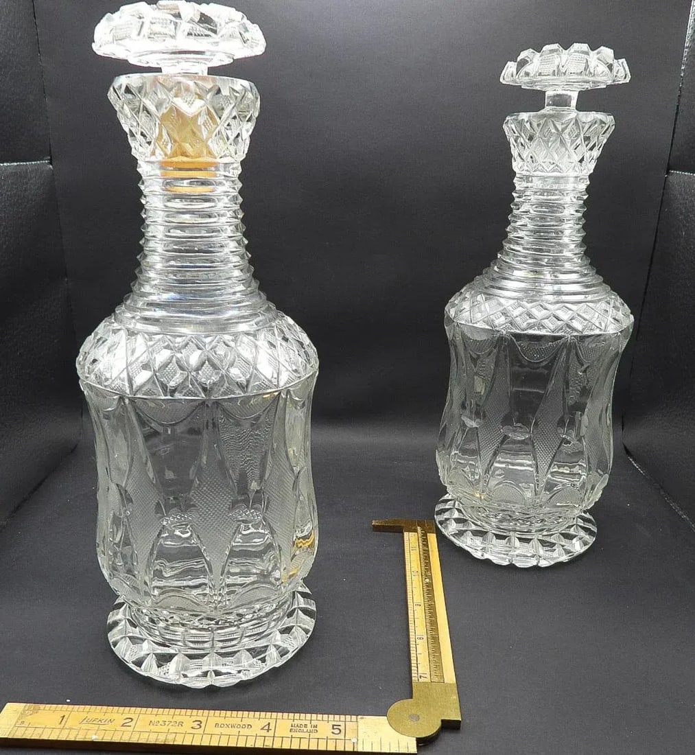 Antique 19th Century Georgian Diamond Cut Glass Wine Spirits Decanters- Set of 2 - 3