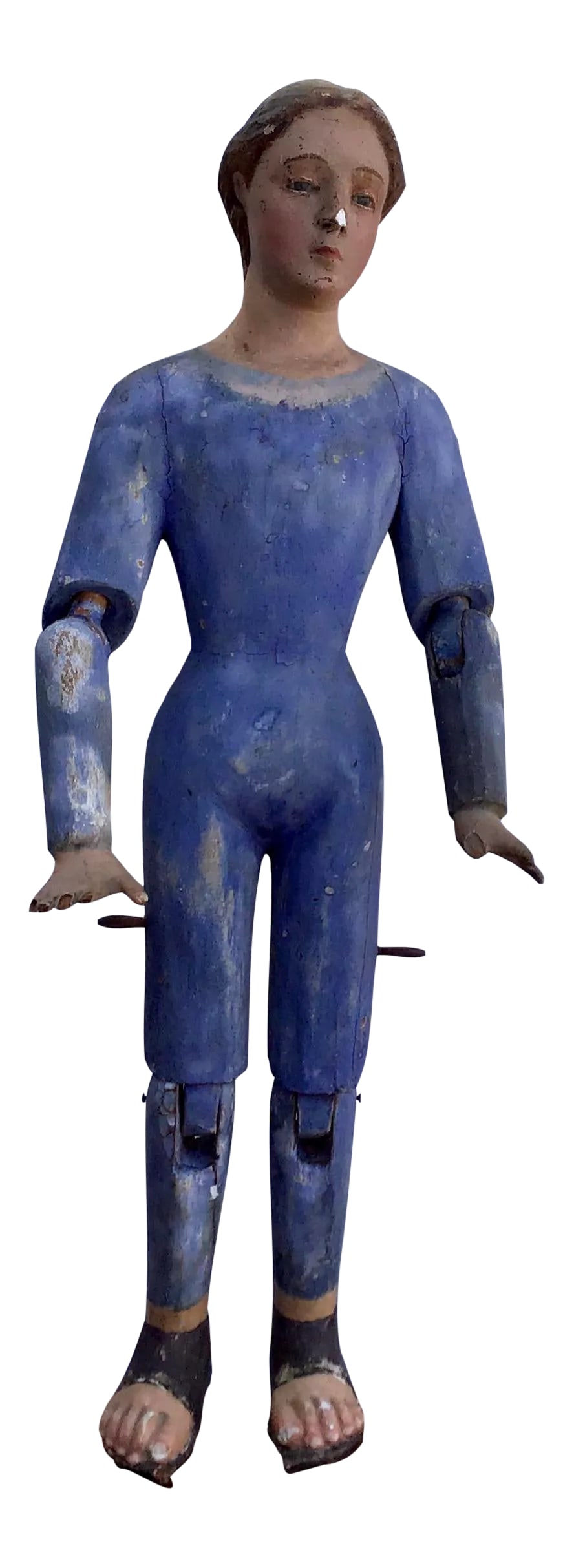 19th Century Vintage Spanish Colonial Wood Santo Saint Sculpture: 19th C Spanish Colonial Wood Santo / Saint / Angel sold as found in vintage condition showing normal signs of wear and tear. Wonderful worn original paint. Glass eyes. Iron hooks on sides may be origi