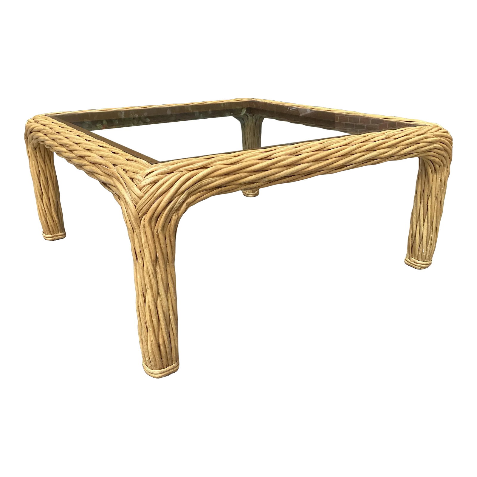 Mid Century Pencil Reed and Rattan Square Cocktail Table With Glass Top: Palm Beach Chic Cocktail Table made a pencil reed and rattan made. This item is unmarked but in the style of Gabrielle Crespi and McGuire. Convenient clear glass top makes cocktail parties a worry