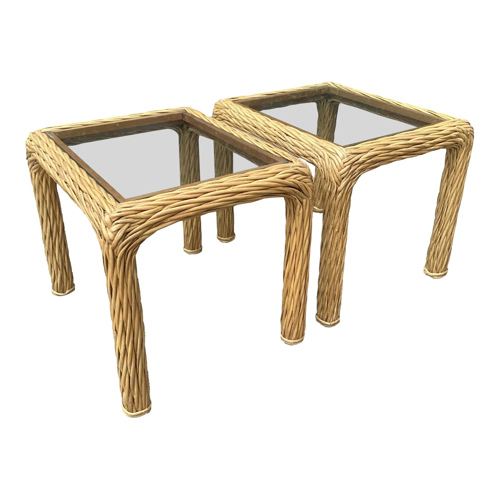 Pair of Mid Century Pencil Reed and Rattan Side Tables With Glass Tops: A wonderful addition to your sunroom, screened porch or anywhere you want a touch of Palm Beach Chic. These tables are unmarked but are in the style of Garbiella Cespi and McGuire. Glass is inset