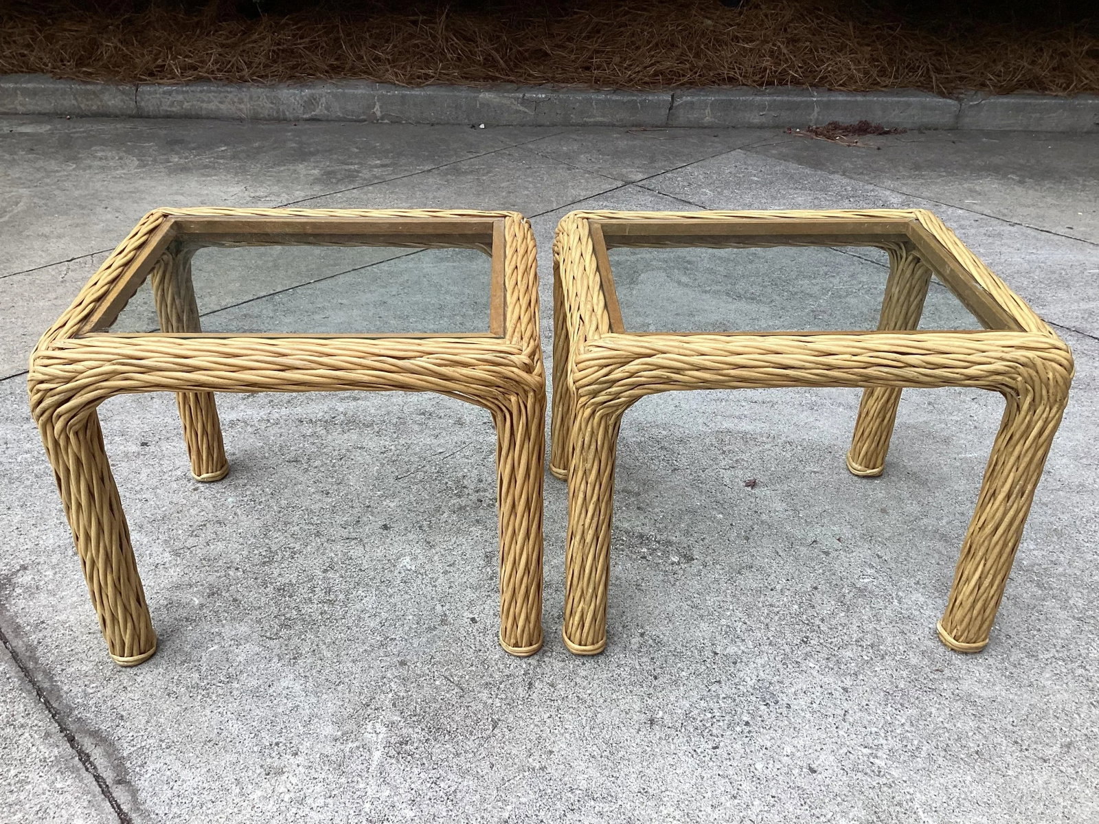 Pair of Mid Century Pencil Reed and Rattan Side Tables With Glass Tops - 2