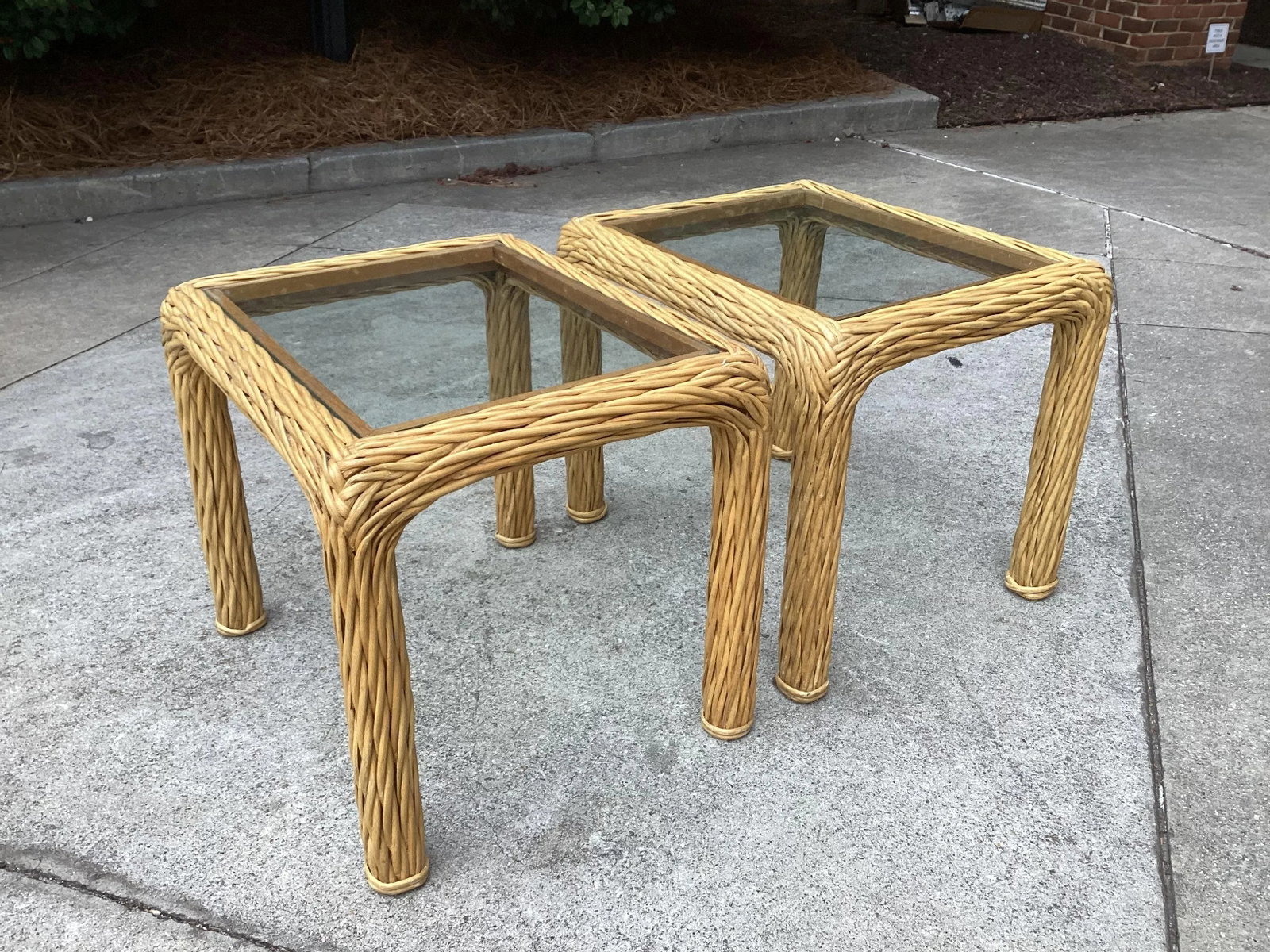 Pair of Mid Century Pencil Reed and Rattan Side Tables With Glass Tops - 3