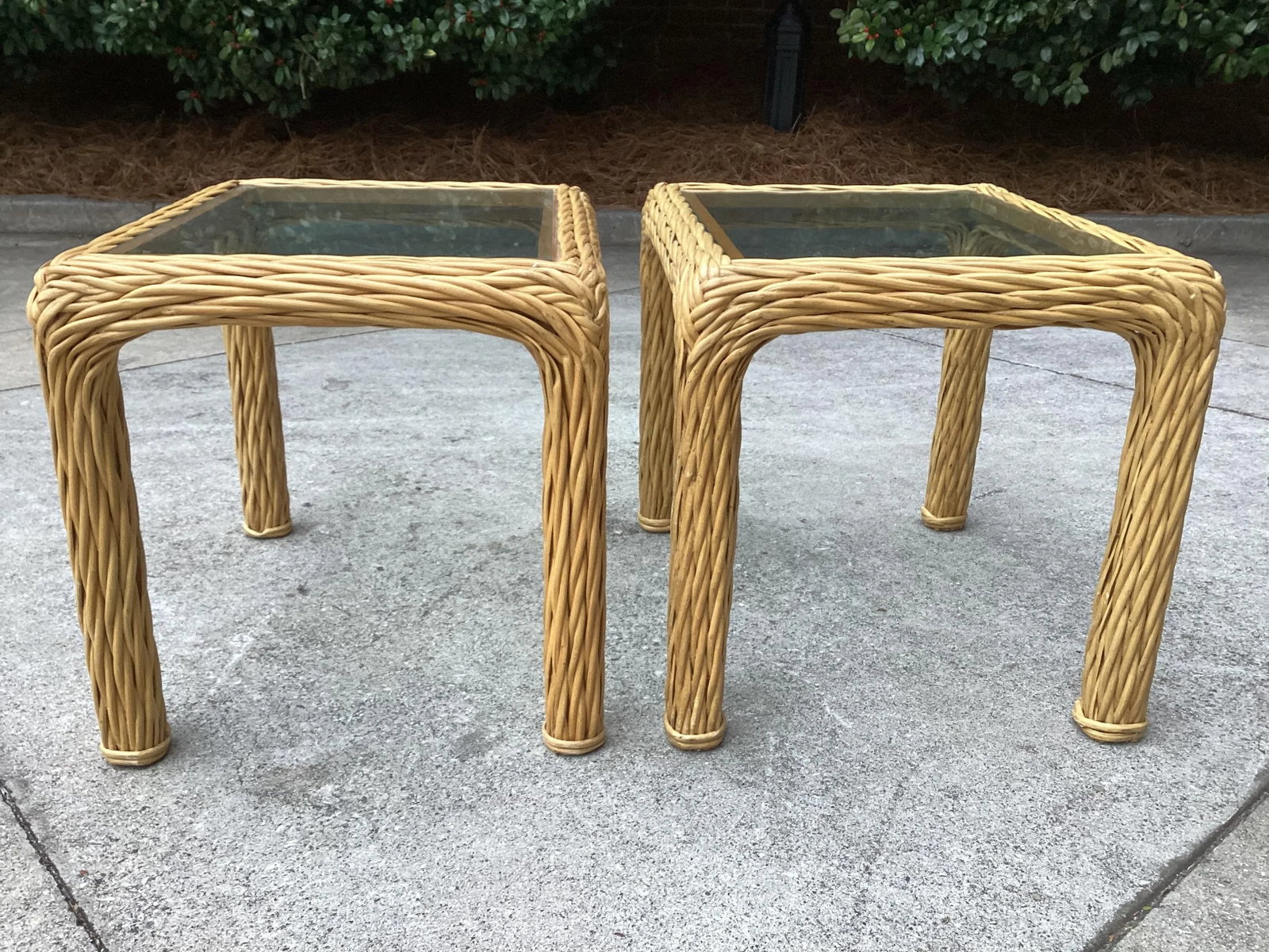 Pair of Mid Century Pencil Reed and Rattan Side Tables With Glass Tops - 4