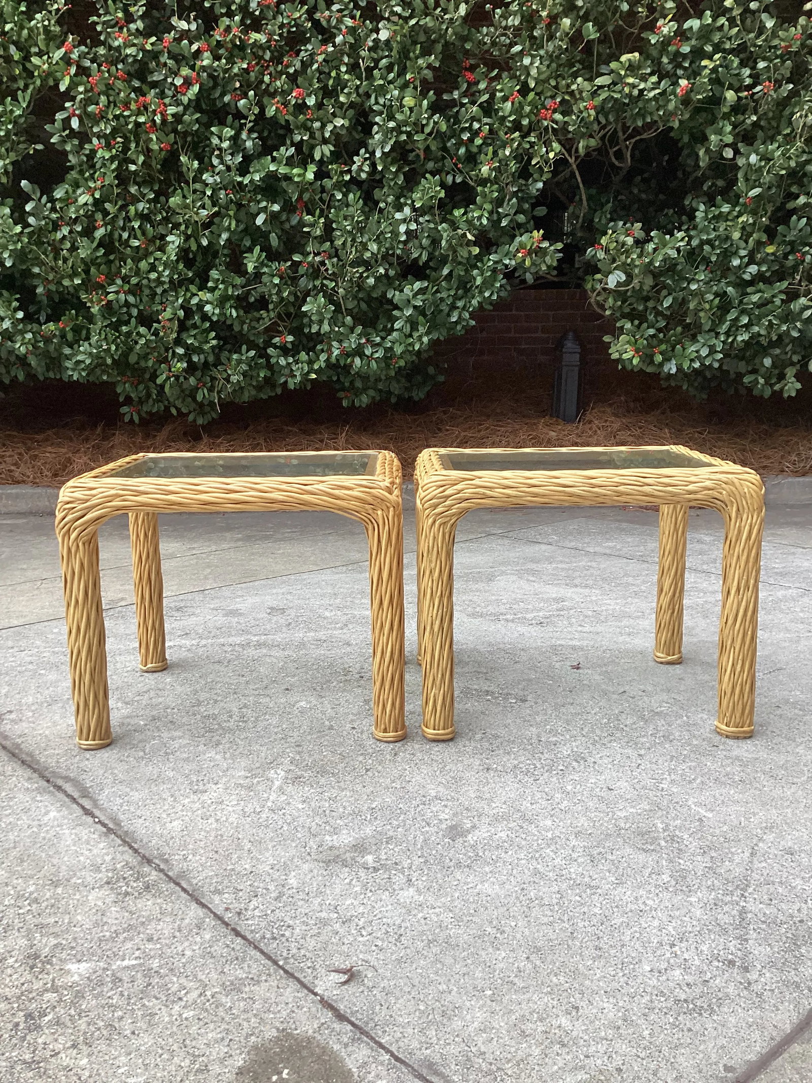 Pair of Mid Century Pencil Reed and Rattan Side Tables With Glass Tops - 5