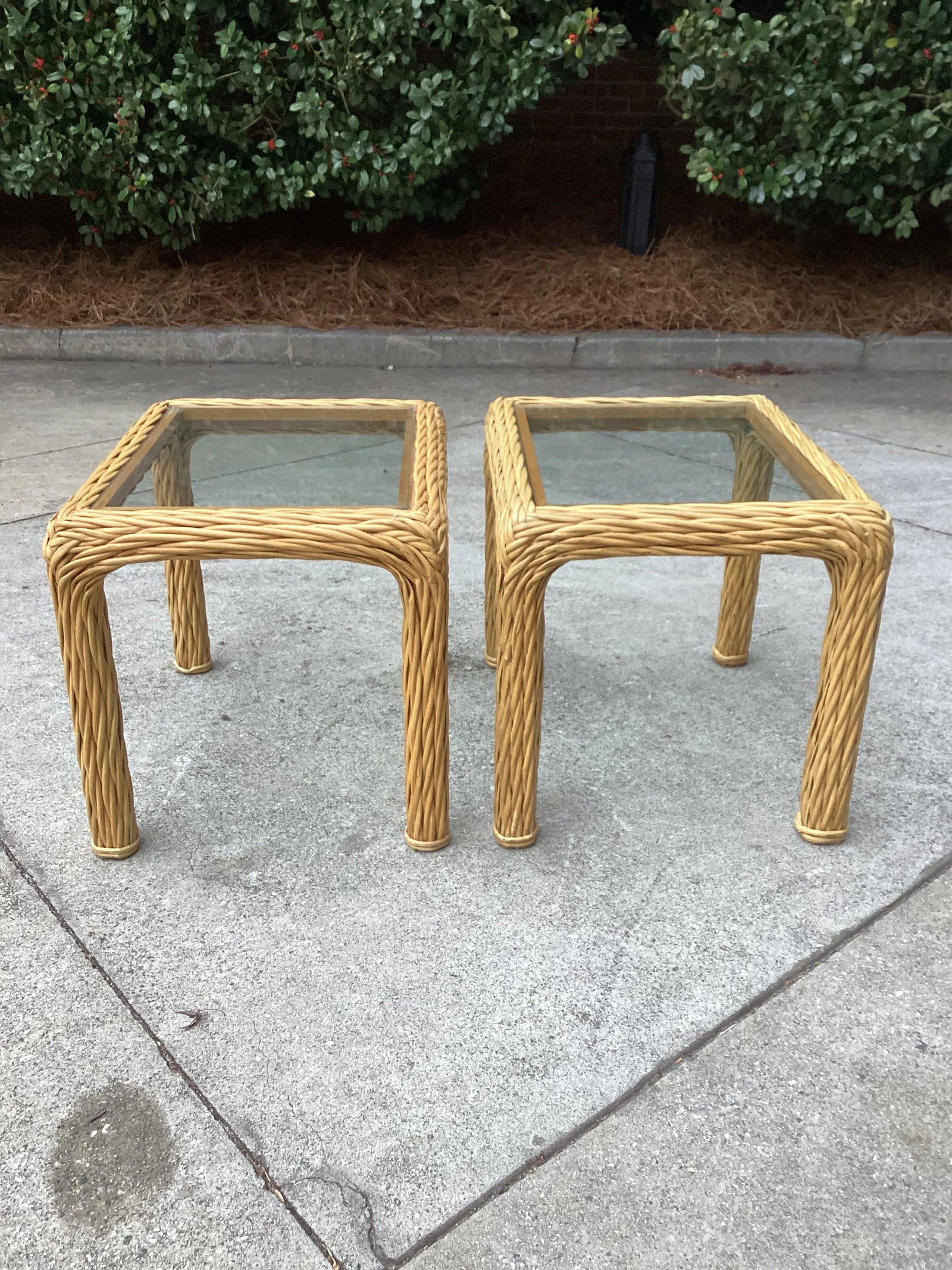 Pair of Mid Century Pencil Reed and Rattan Side Tables With Glass Tops - 6