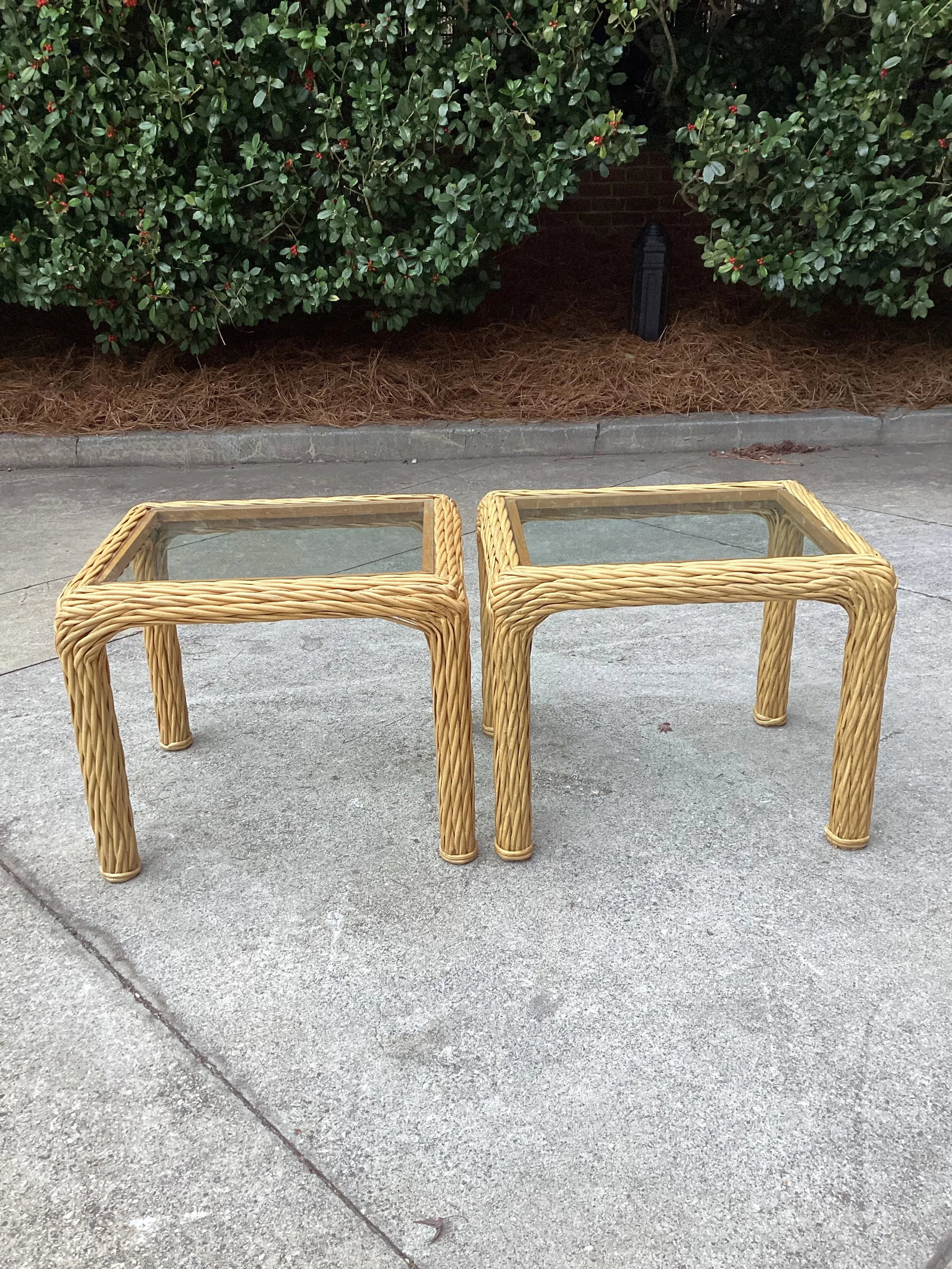 Pair of Mid Century Pencil Reed and Rattan Side Tables With Glass Tops - 7