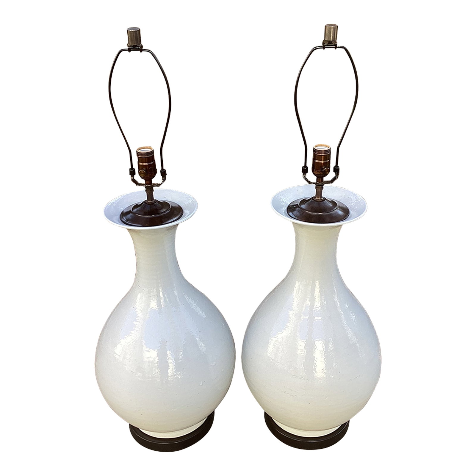 Antique Chinese Teardrop Vessels Mounted as Lamps With Oil Rubbed Bronze Hardware - a Pair: The vessels are antique Chinese pottery from the late 19th Century. They have vintage patina with signs of age and lots of character. They have been mounted on oil rubbed bronze bases with coordinated