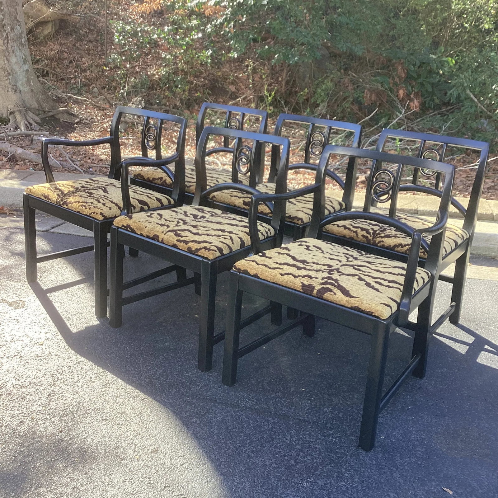 1950s Set of Six Black Lacquered Michael Taylor for Baker Attributed Dining Chairs in Kravet Tiger E - 10
