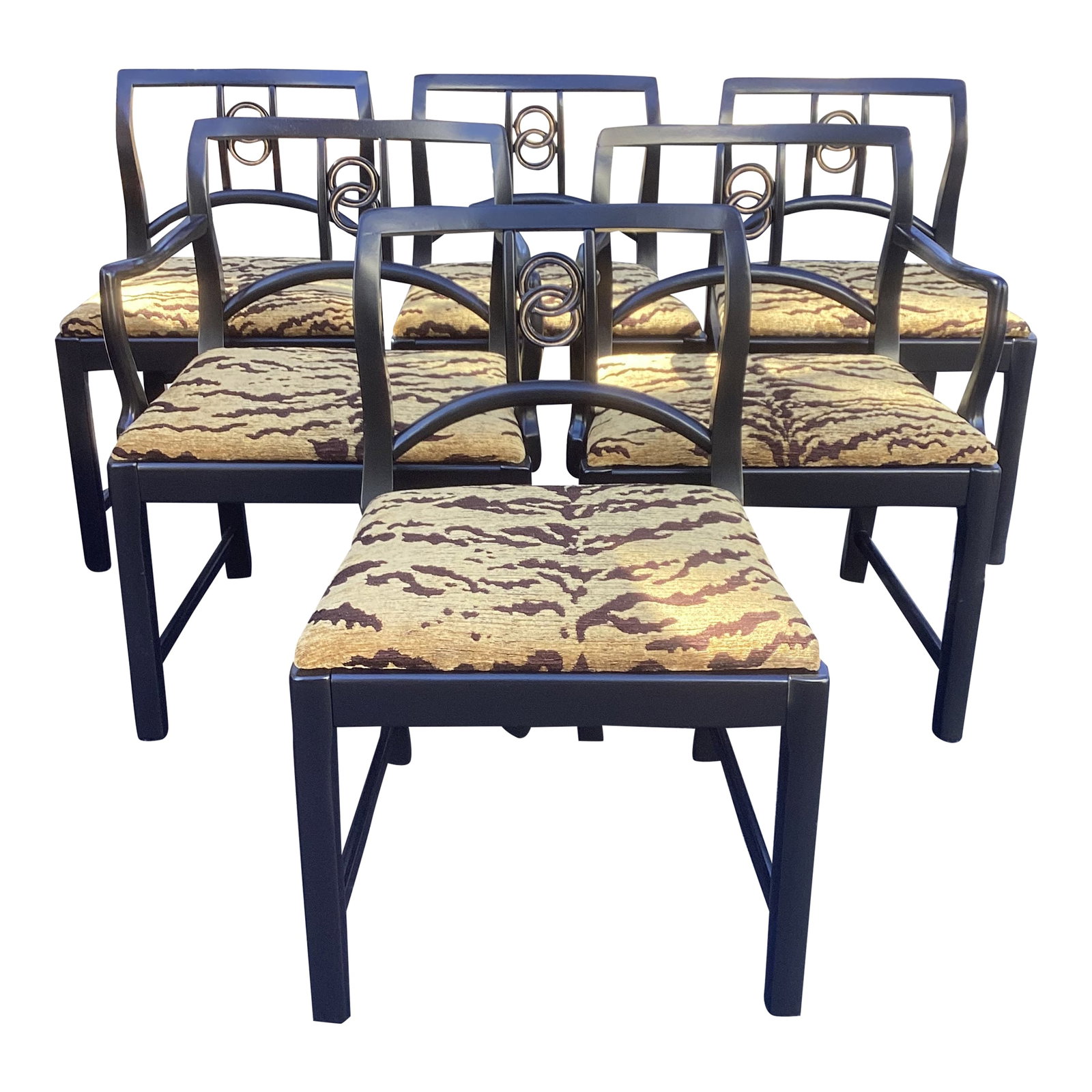 1950s Set of Six Black Lacquered Michael Taylor for Baker Attributed Dining Chairs in Kravet Tiger E: High style from Michael Taylor for Baker Furniture. I present a newly restored and reimagined set of 6 black lacquered dining chairs in bold Kravet Tiger upholstery. The gold interlocking circles are 