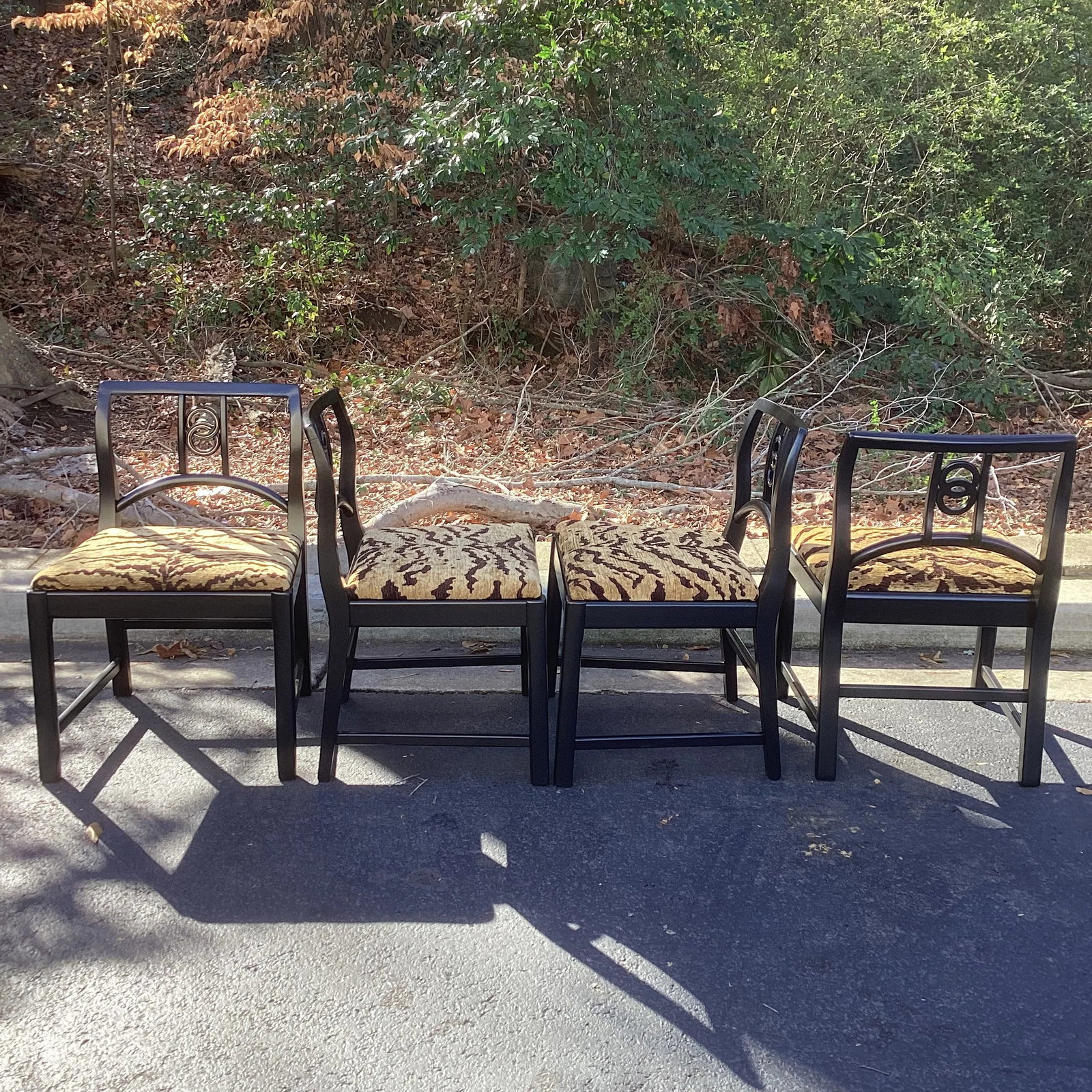 1950s Set of Six Black Lacquered Michael Taylor for Baker Attributed Dining Chairs in Kravet Tiger E - 4