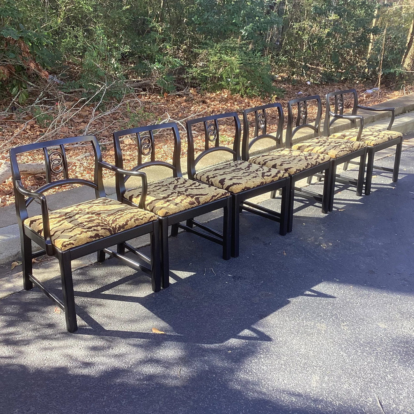1950s Set of Six Black Lacquered Michael Taylor for Baker Attributed Dining Chairs in Kravet Tiger E - 7