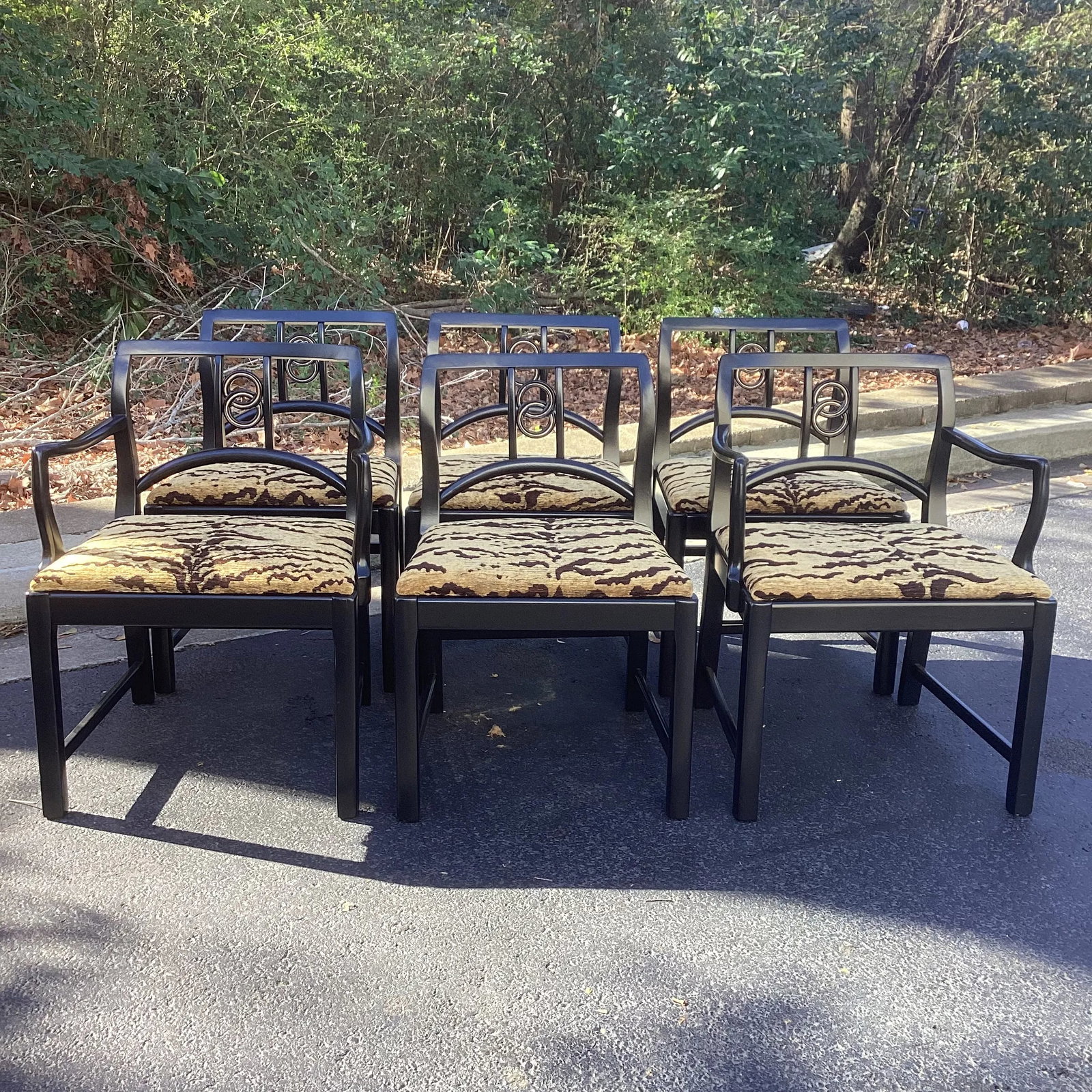 1950s Set of Six Black Lacquered Michael Taylor for Baker Attributed Dining Chairs in Kravet Tiger E - 9