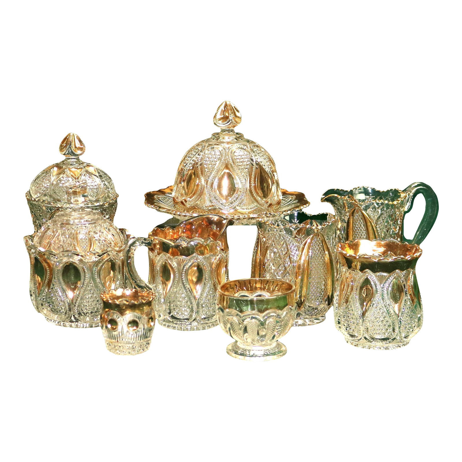 Circa 1930 Antique Gold Flashed Pressed Glass Dinner Set- 10 Pieces (1 of 12)