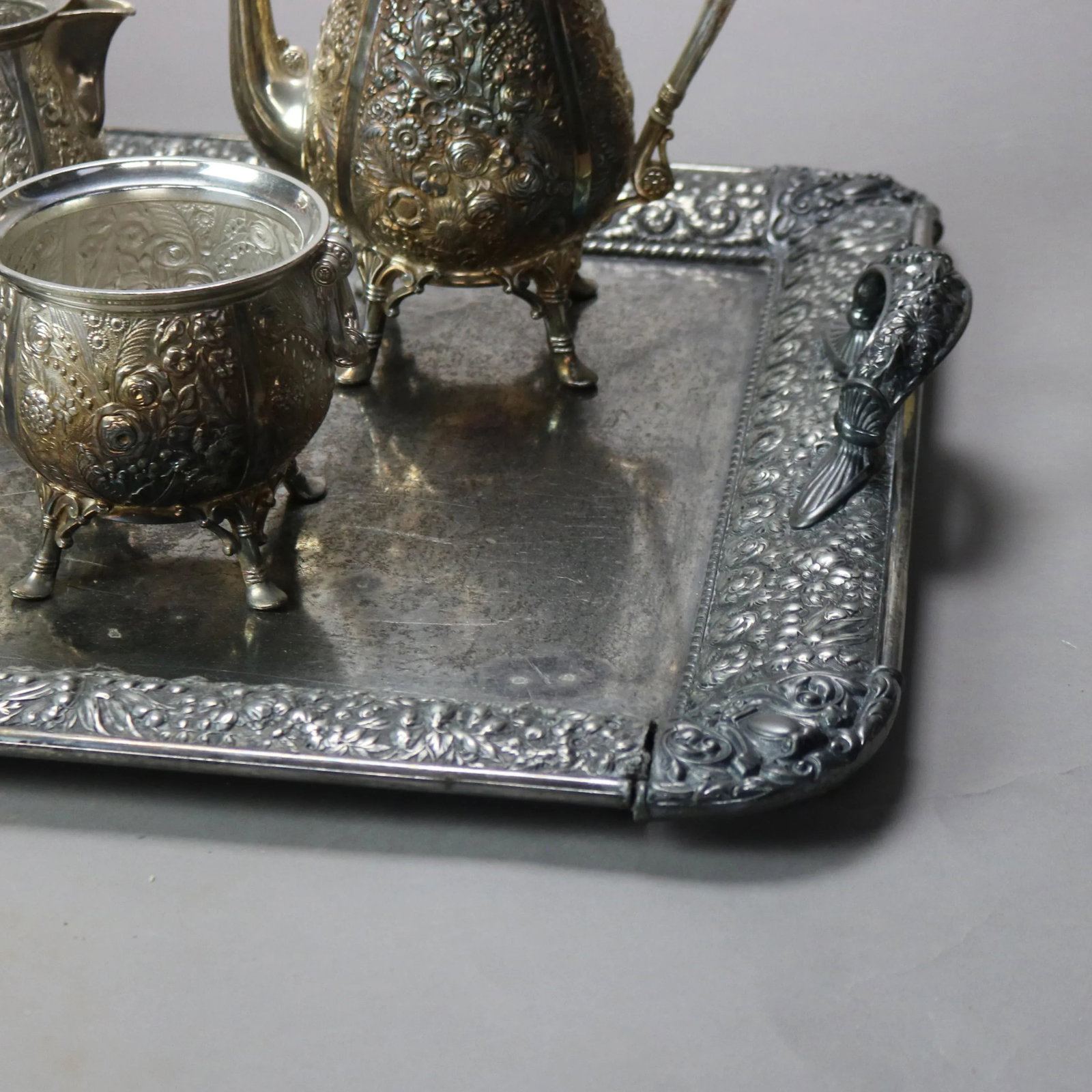 Circa 1890 Antique Silver Plated Floral Repousse Tea Set- 6 Pieces - 5