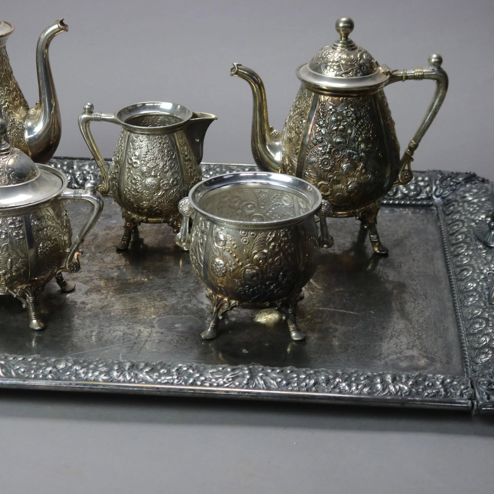 Circa 1890 Antique Silver Plated Floral Repousse Tea Set- 6 Pieces - 6