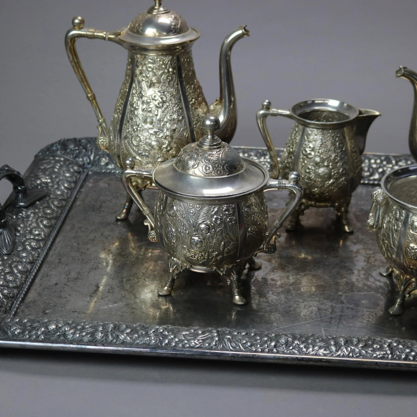 Circa 1890 Antique Silver Plated Floral Repousse Tea Set- 6 Pieces - 7