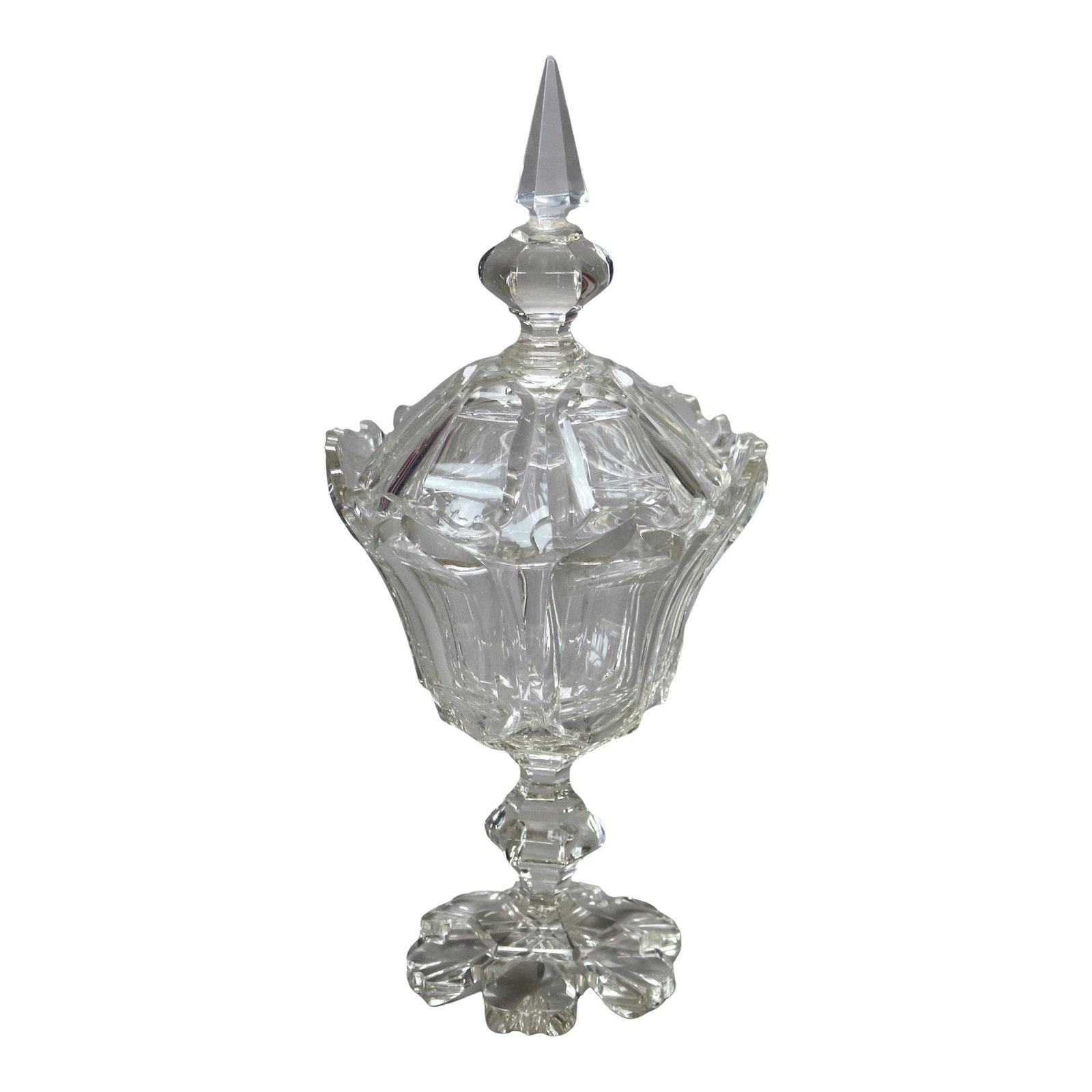 Antique Emhart Cut Glass Lidded Compote Circa 1840: Antique Emhart Cut Glass Lidded Compote C1840 Measures - 15 3/4" x 6 7/8" x 6 7/8" Condition: Alterations: Unknown Imperfections: Some Imperfections Condition Notes: Overall good condition with lid