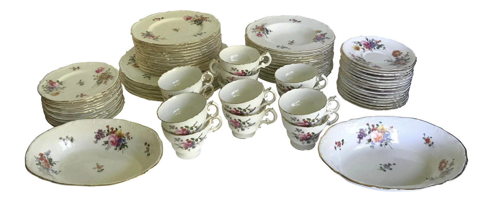 1940s English Royal Cauldon China Set of 70 Pieces: This is a GORGEOUS set of traditional English fine chine from the 1940's! Each piece has a unique colorful floral pattern with scallop edges that are detailed with gilt gold! The maker's mark is