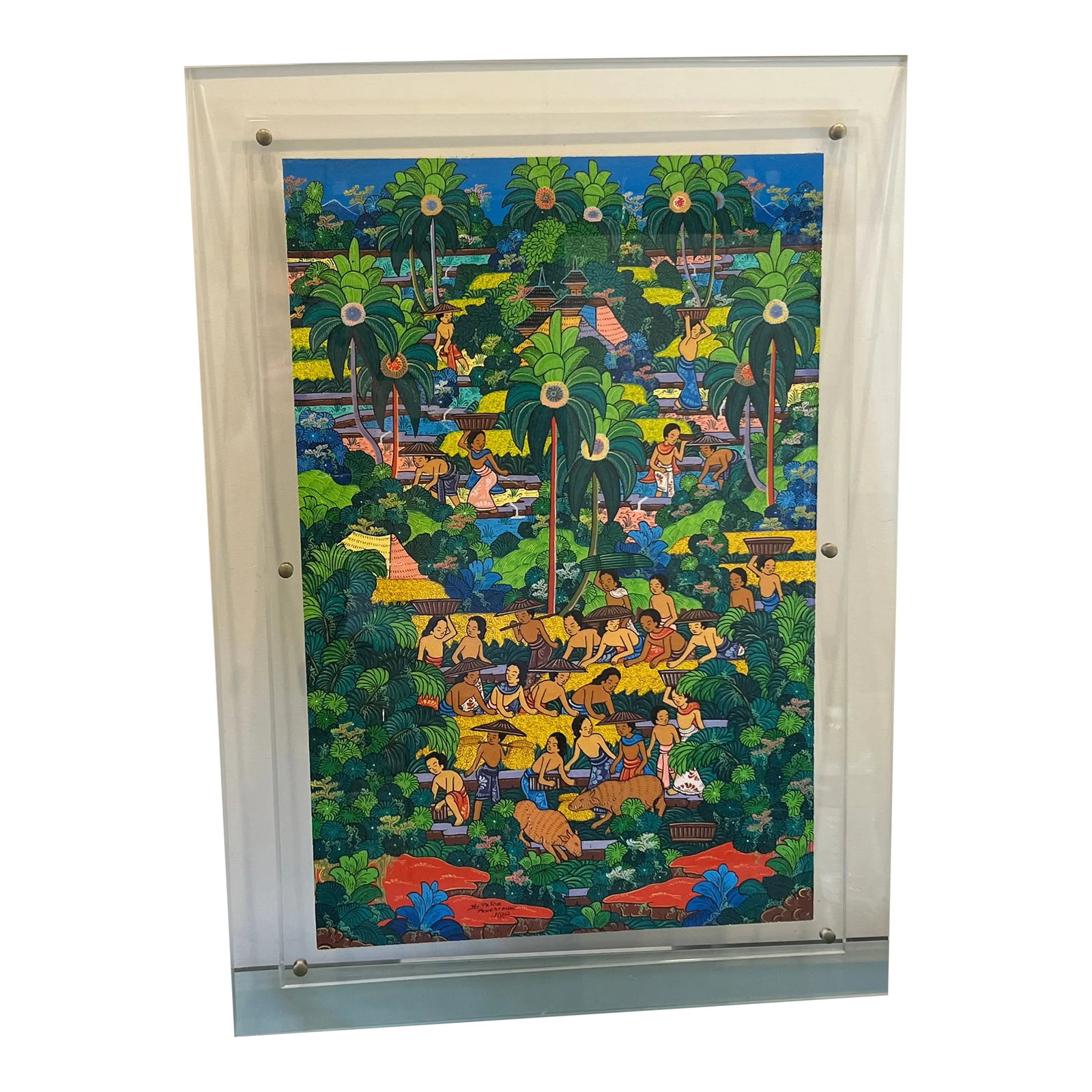 20th Century Original Balinese Painting on Canvas: A Traditional folk art painting on Canvas from Bali. Depicting scenes from everyday life. It is framed in a very expensive custom Beveled lucite frame for a contemporary look. Canvas Size 23"x15" We