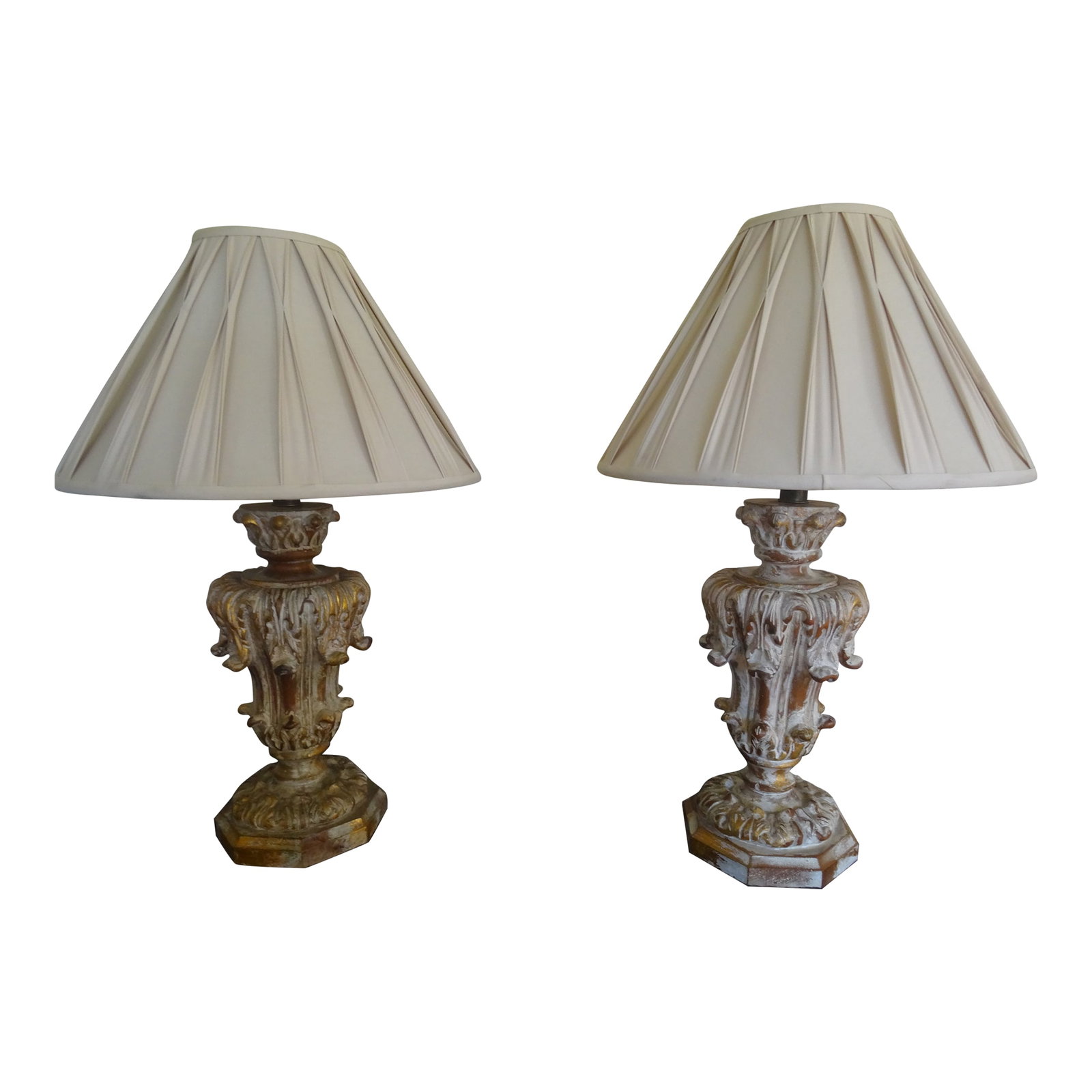 Late 20th Century Hand Carved Wood & Gilt Finial Style Lamps a Pair: A great pair of vintage hand carved and gilt with a white pickle finish pair of lamps circa 1980s. The beautiful shades are 1 year old. Width of Shade 17.5" Width of Lamp 7.5" Height 28" Condition: