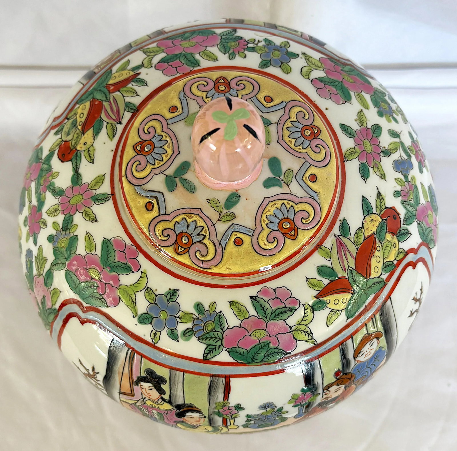 Mid Century Chinese Rose Famille Hand Painted Porcelain Lidded Ginger Jar - 12