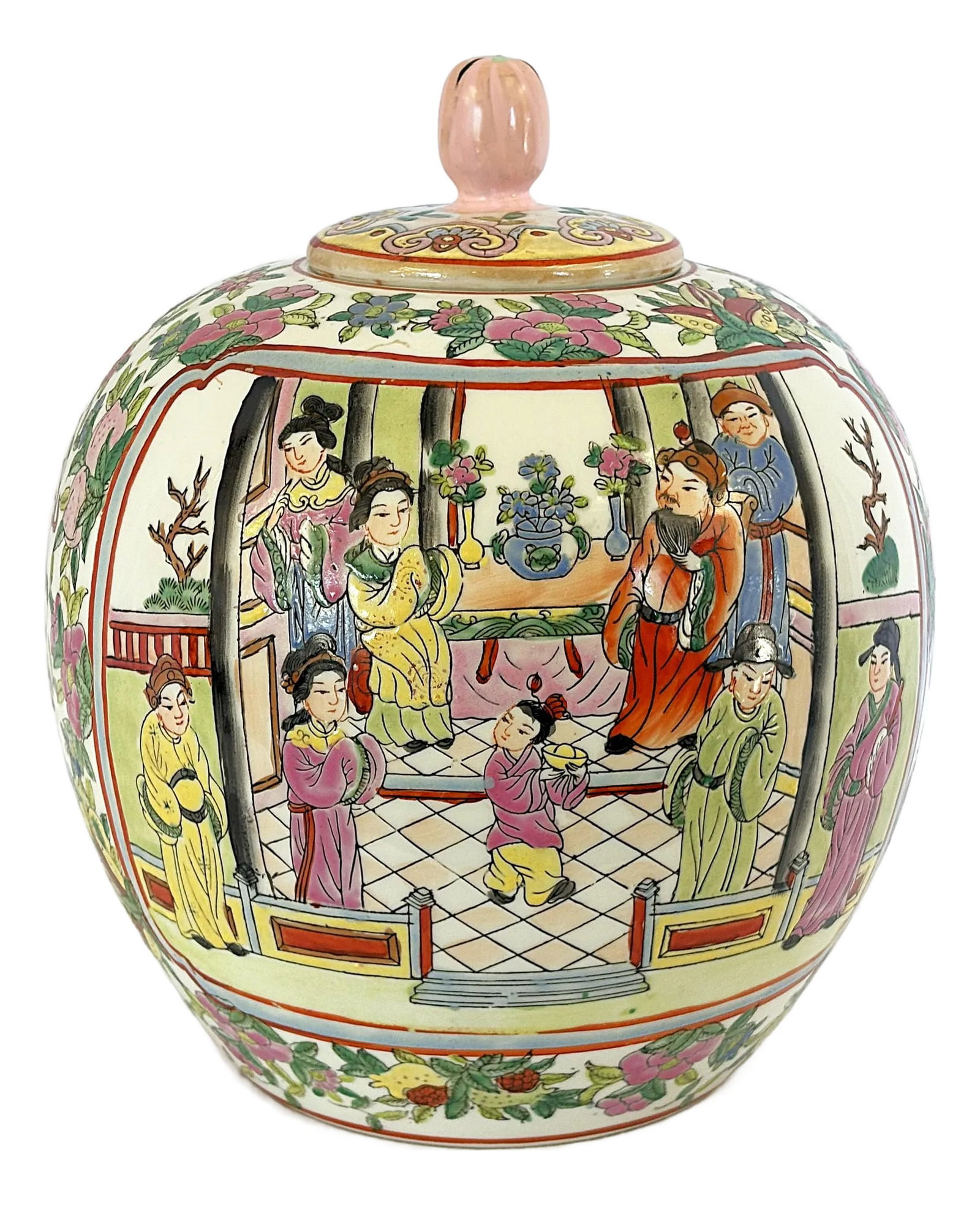 Mid Century Chinese Rose Famille Hand Painted Porcelain Lidded Ginger Jar: Pretty mid 20th Century Chinese Rose Famille ginger jar. The piece is made of porcelain with scenes depicting Chinese nobility. There are pretty floral designs throughout. The lid may be mismatched as