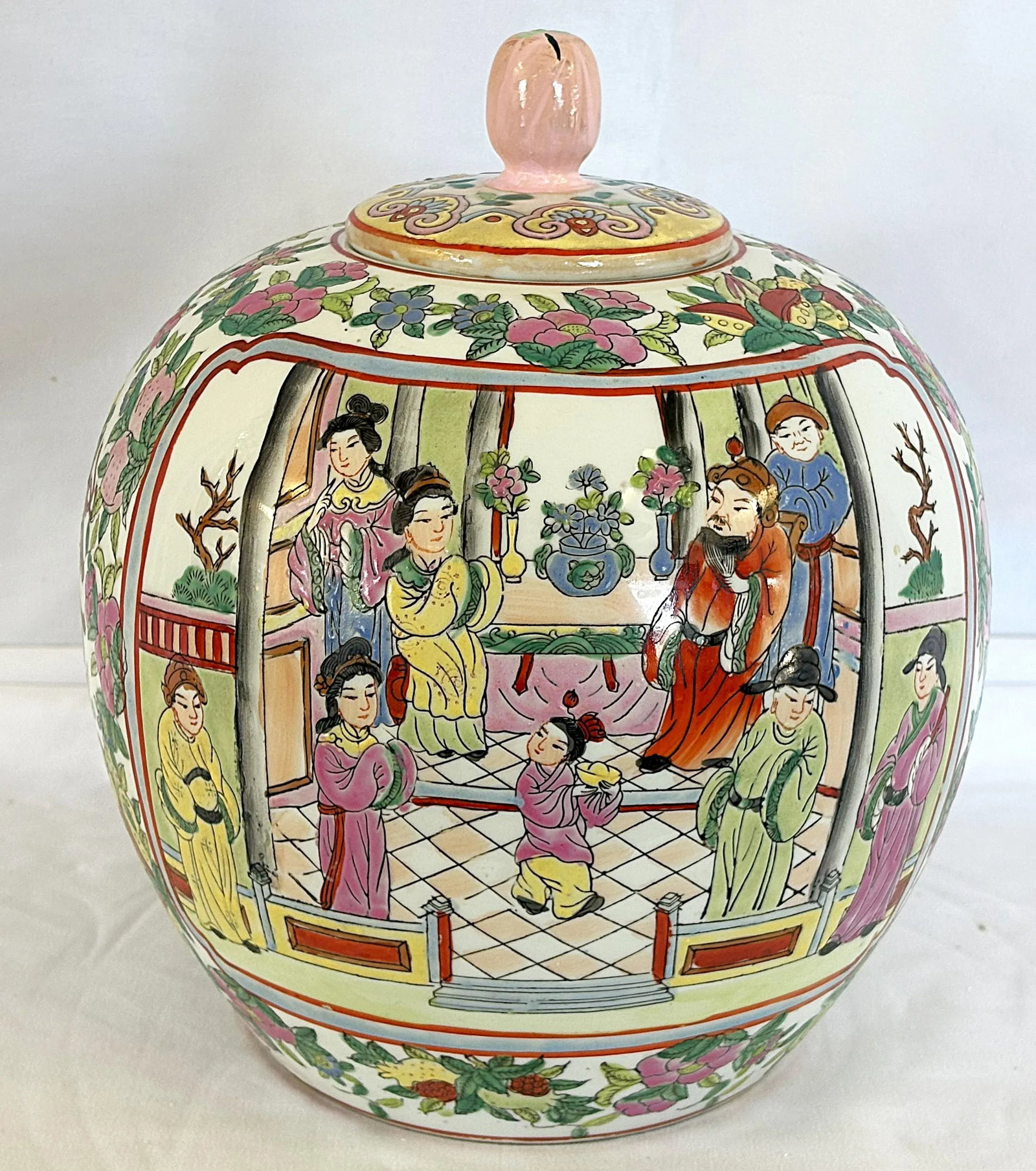 Mid Century Chinese Rose Famille Hand Painted Porcelain Lidded Ginger Jar - 6
