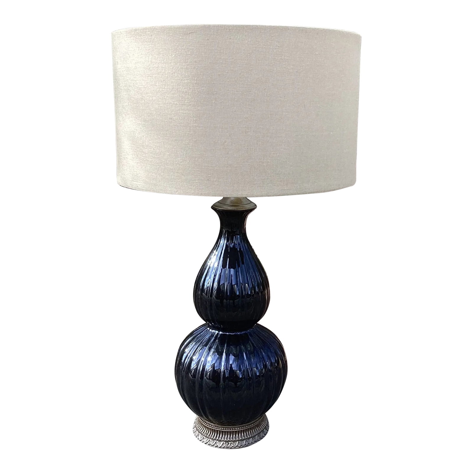 Vintage Black Gourd Table Lamp With Aged Brass Base and Linen Drum Shade: This lamp is stunning. Glass is a nuanced black with aged brass hardware for a very vintage look. I have added a shallow taupe linen drum shade for a modern look. Condition: Alterations: Restored Impe