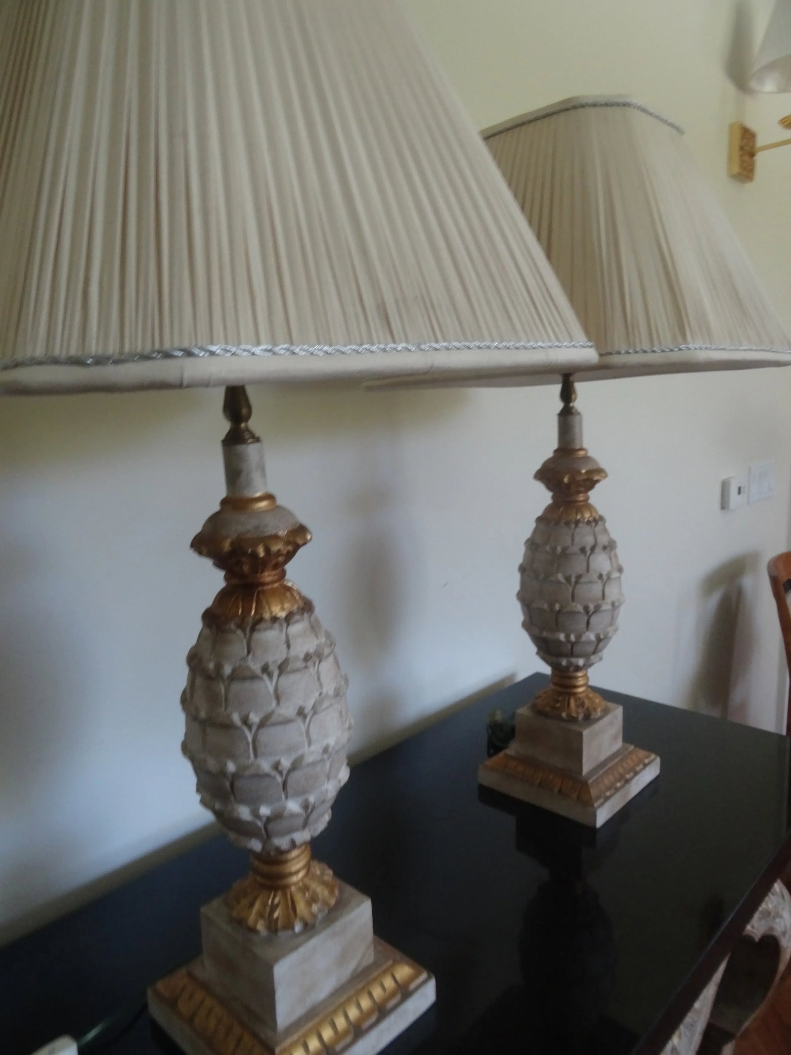 Vintage Gilt and Pickled Wood Carved Lamps - a Pair - 2