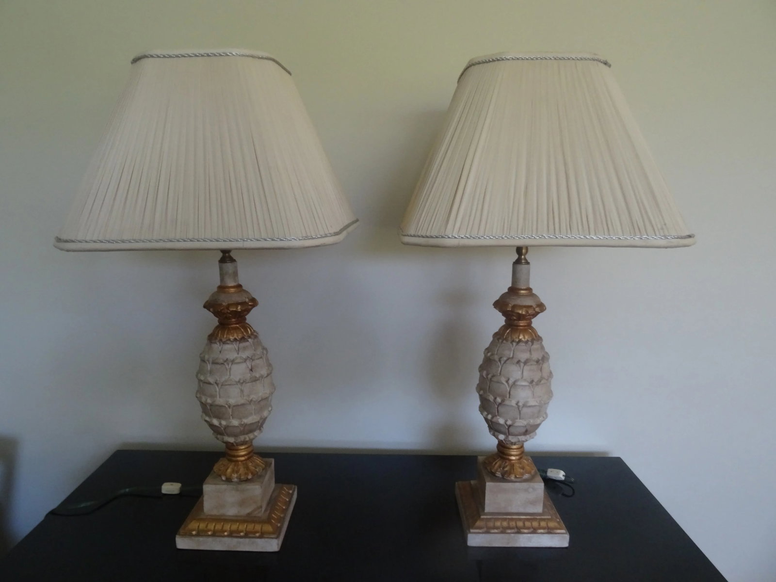 Vintage Gilt and Pickled Wood Carved Lamps - a Pair - 6