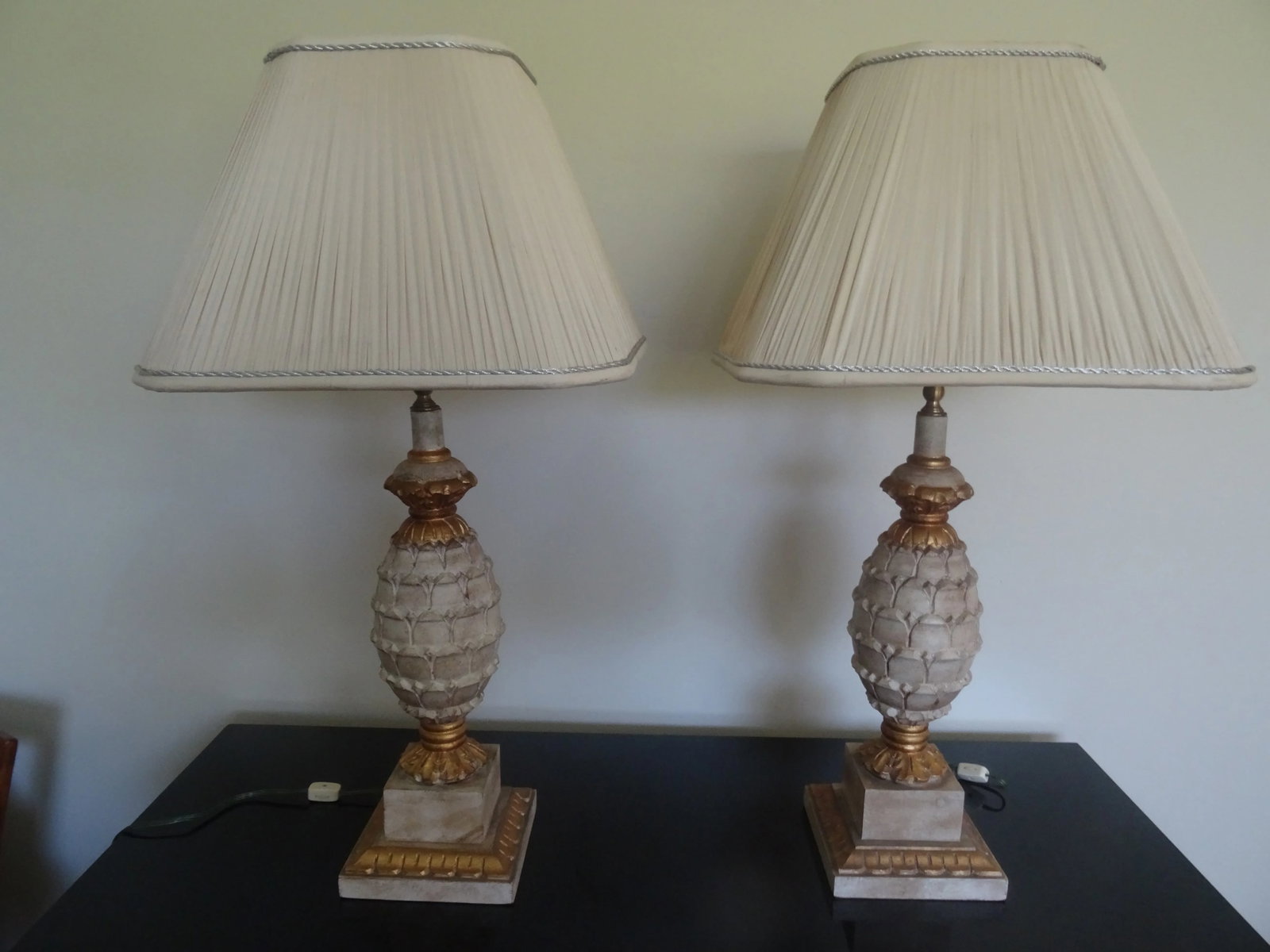 Vintage Gilt and Pickled Wood Carved Lamps - a Pair - 7