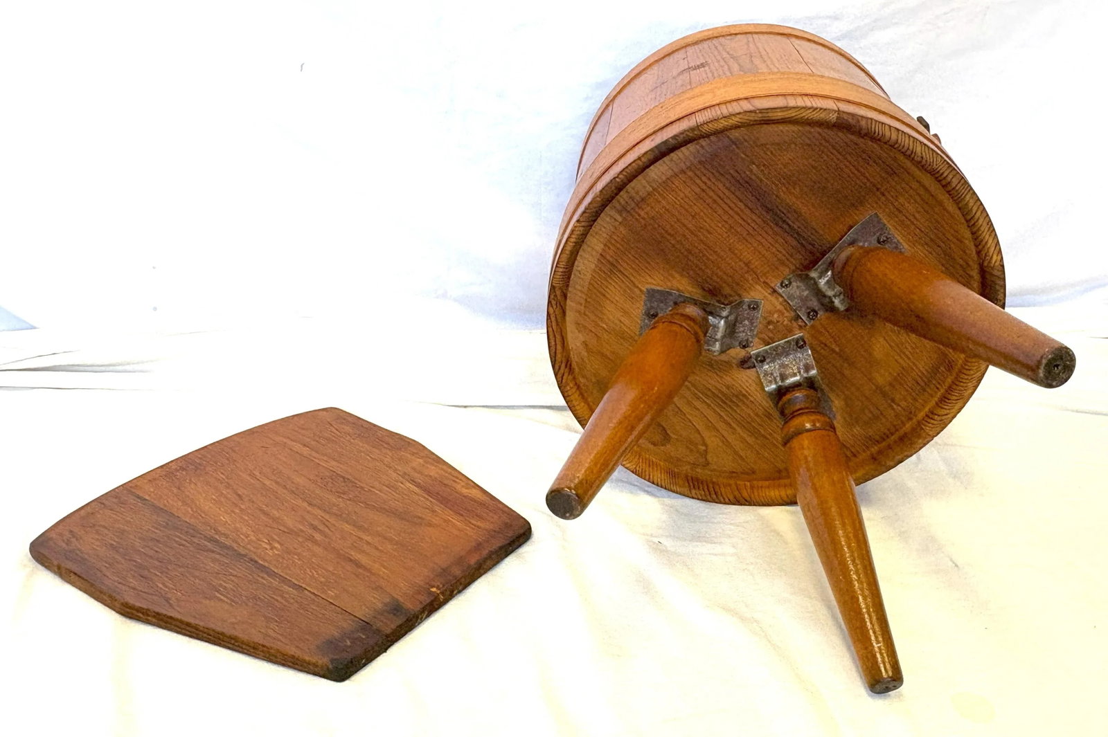Mid Century Primitive Natural Oak Wooden Firkin Bucket With Handle - 10