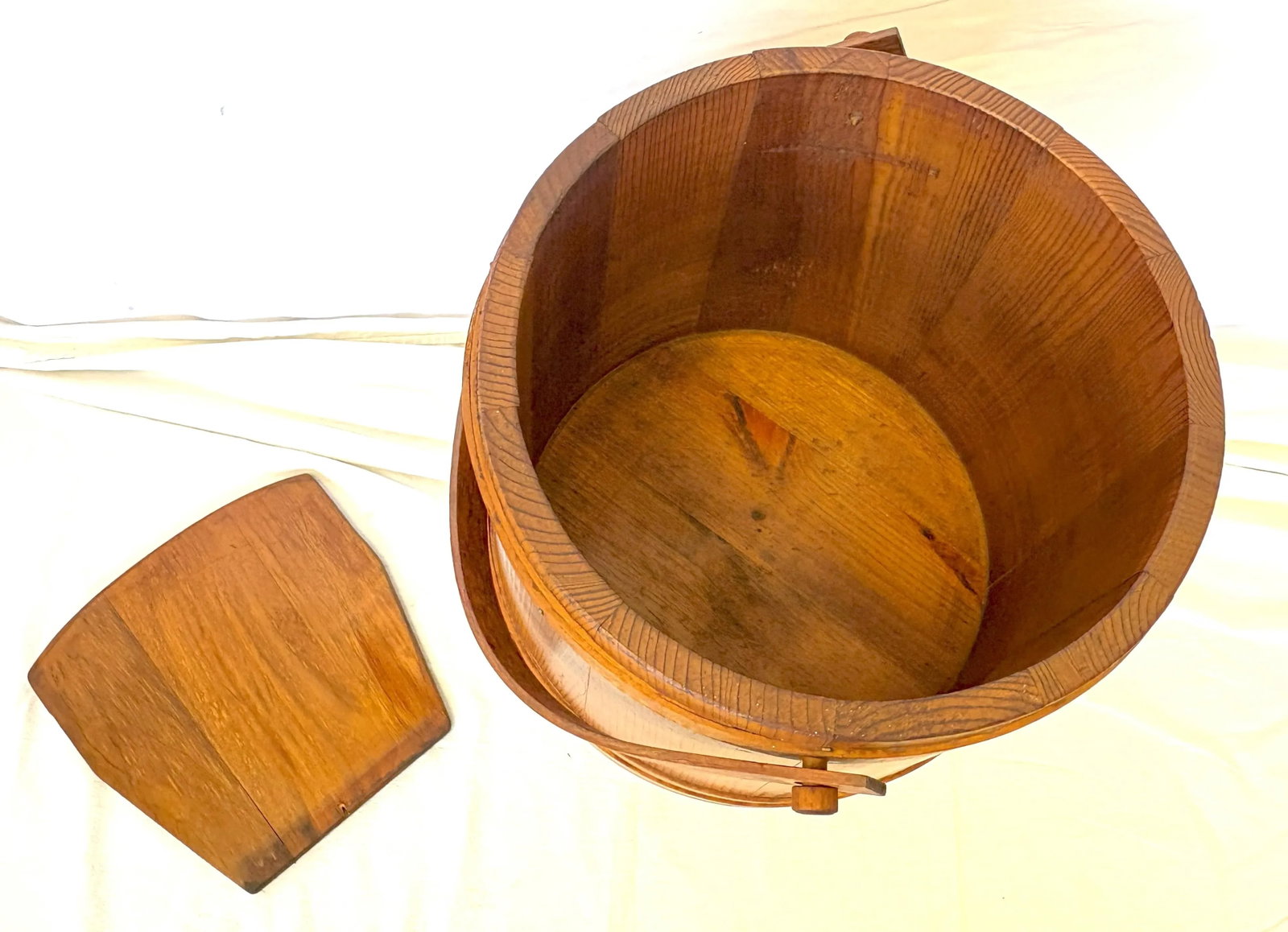 Mid Century Primitive Natural Oak Wooden Firkin Bucket With Handle - 11