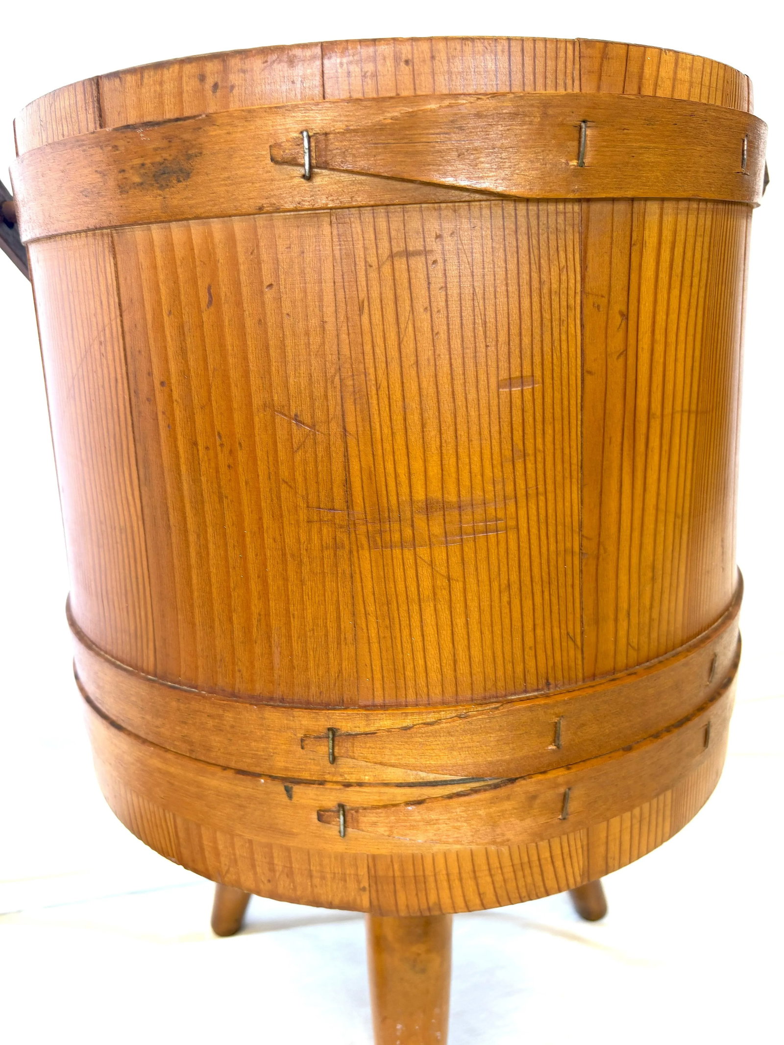 Mid Century Primitive Natural Oak Wooden Firkin Bucket With Handle - 12