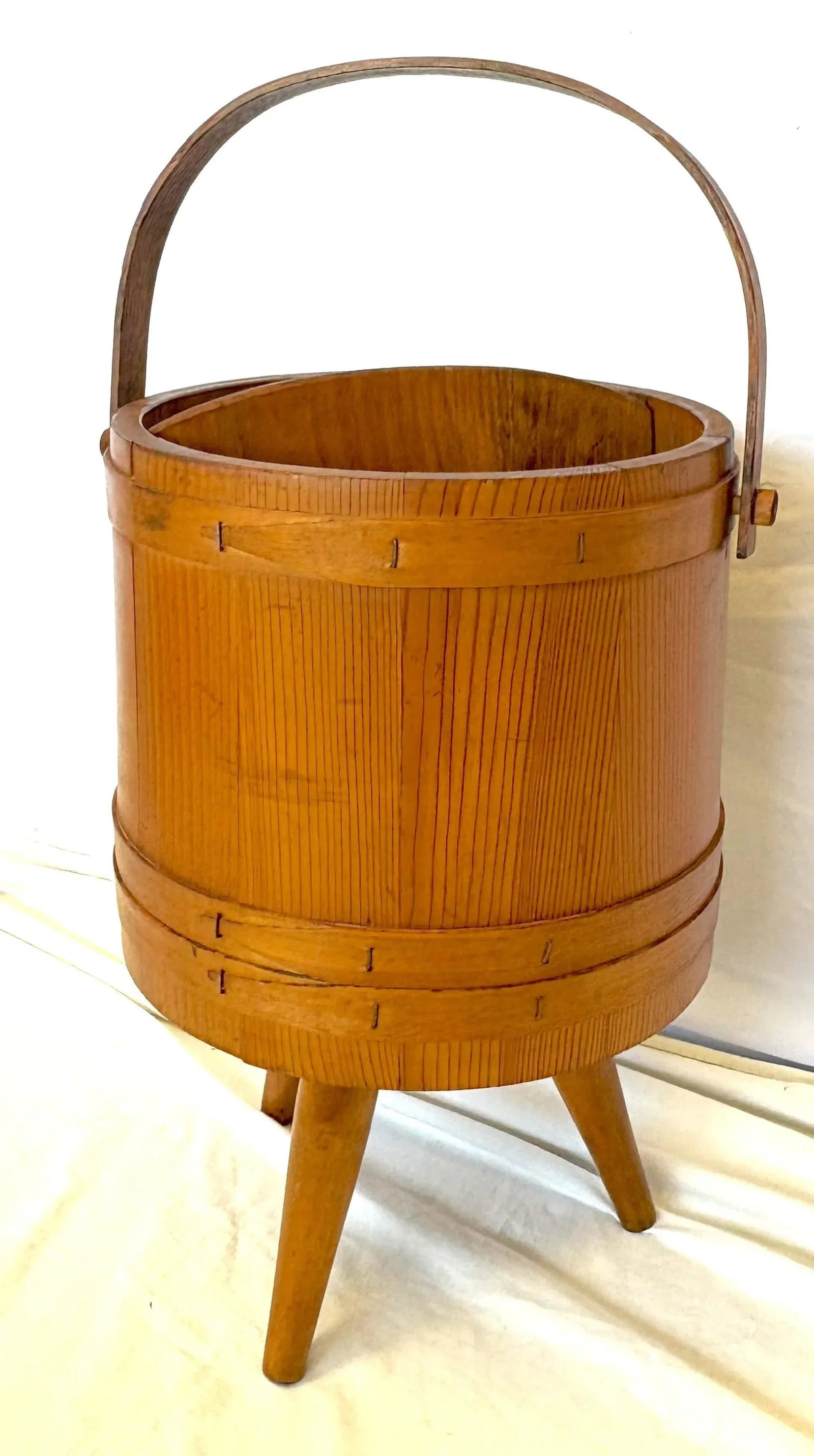 Mid Century Primitive Natural Oak Wooden Firkin Bucket With Handle - 2