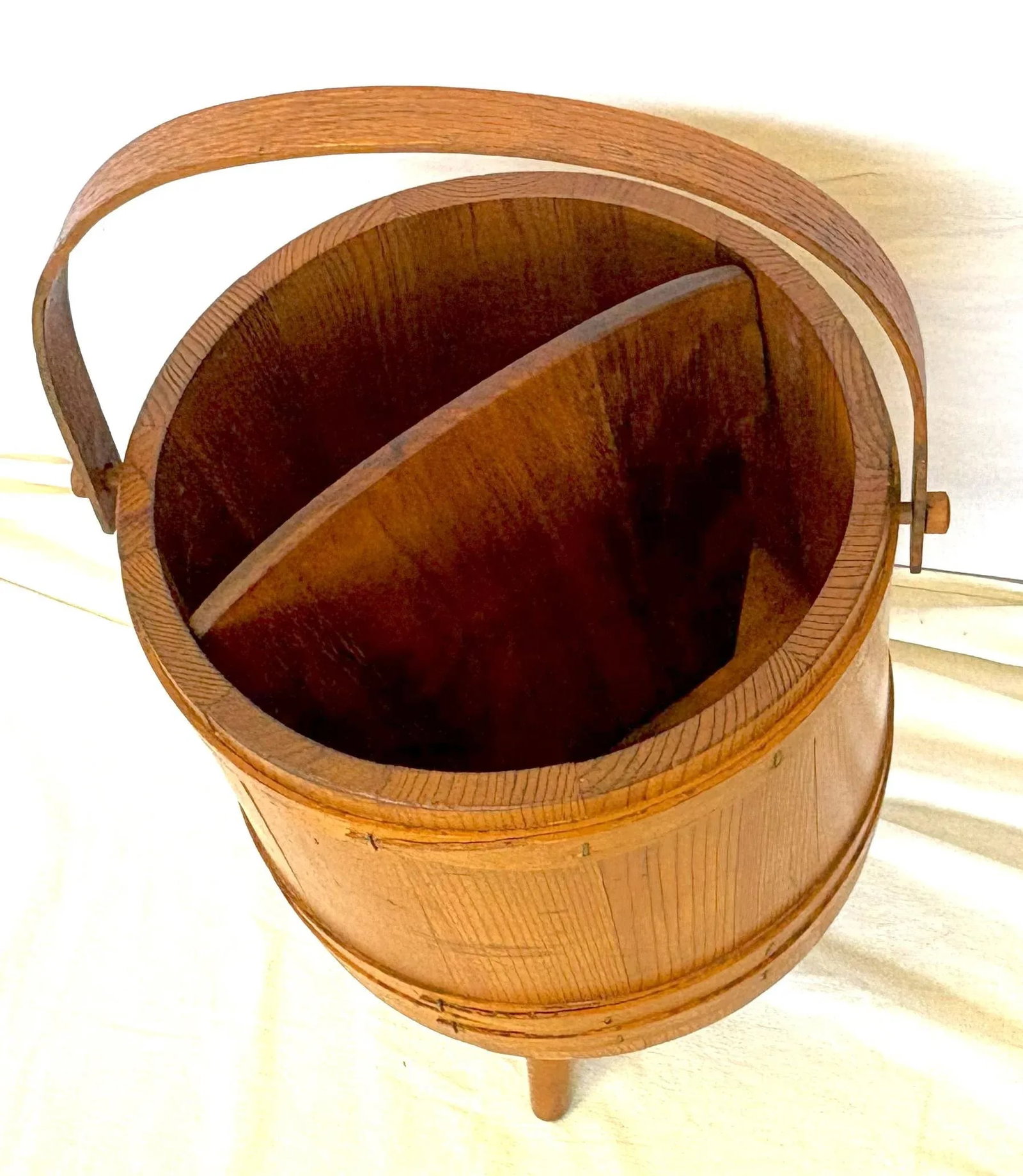 Mid Century Primitive Natural Oak Wooden Firkin Bucket With Handle - 3