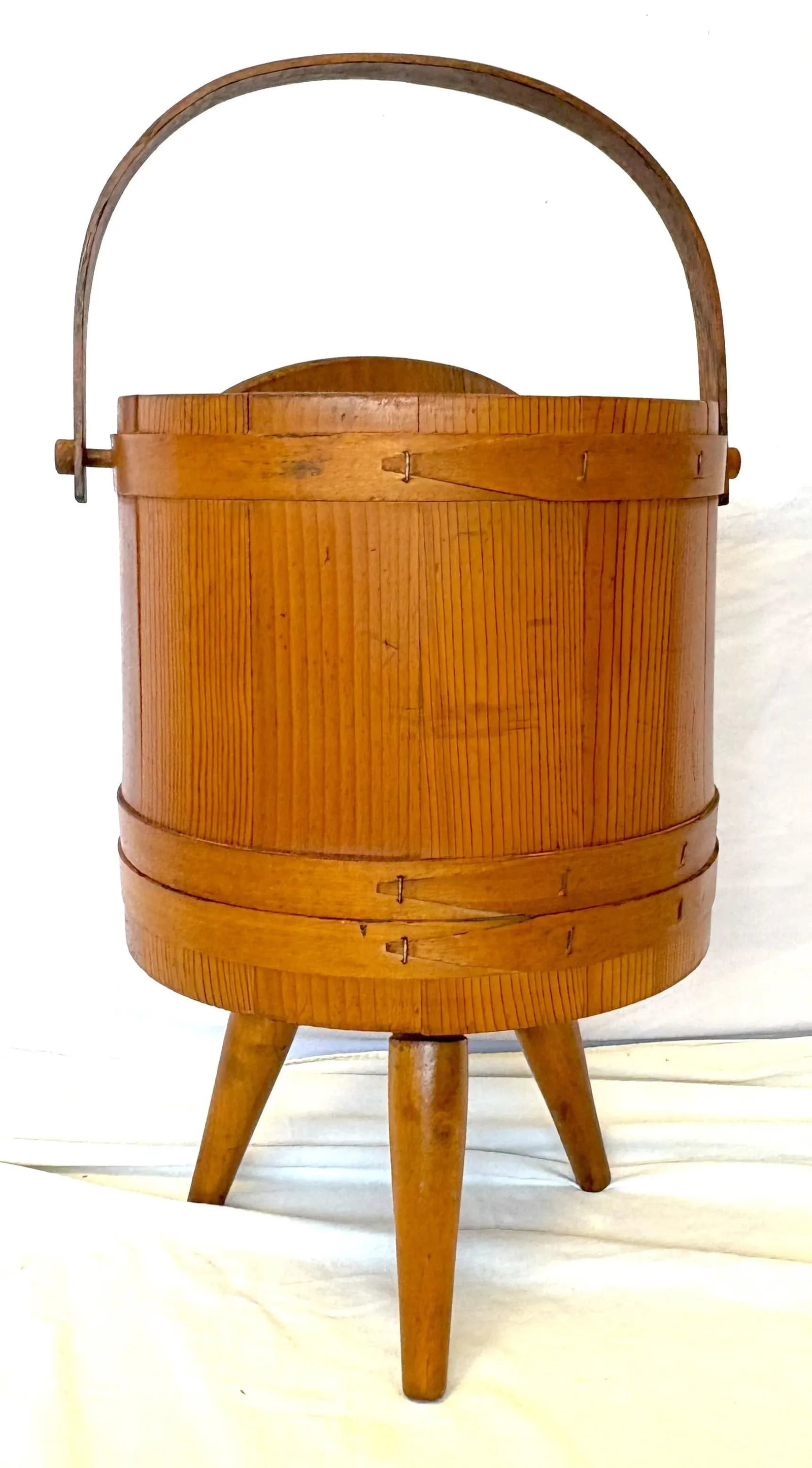 Mid Century Primitive Natural Oak Wooden Firkin Bucket With Handle - 4