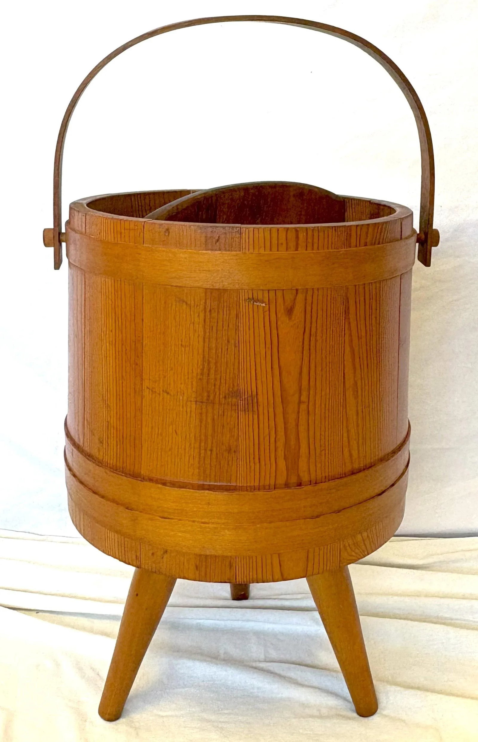 Mid Century Primitive Natural Oak Wooden Firkin Bucket With Handle - 6