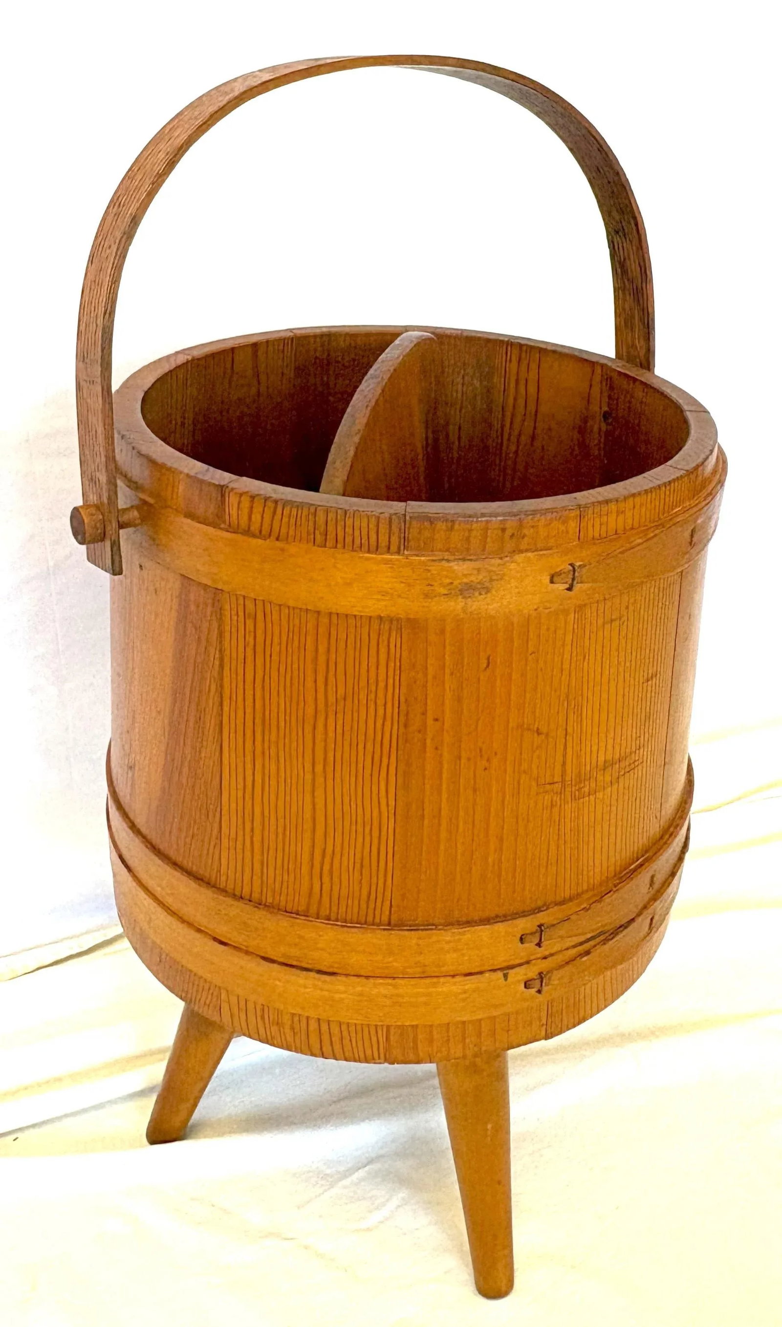 Mid Century Primitive Natural Oak Wooden Firkin Bucket With Handle - 7