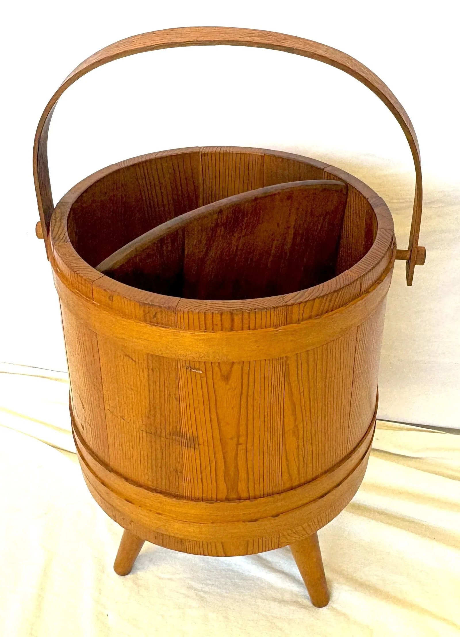Mid Century Primitive Natural Oak Wooden Firkin Bucket With Handle - 8
