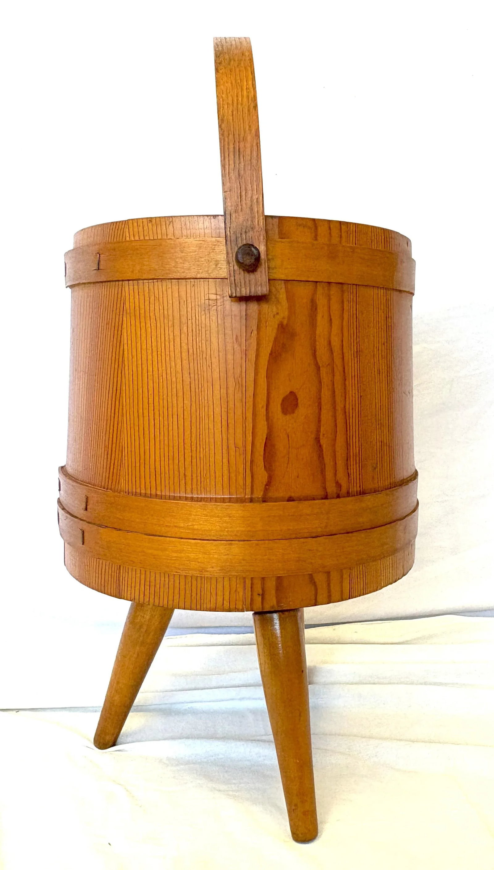Mid Century Primitive Natural Oak Wooden Firkin Bucket With Handle - 9