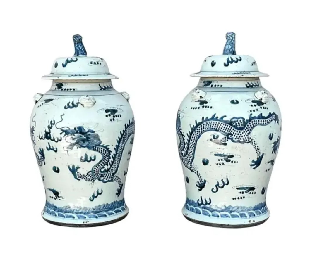 Chinese Blue and White Chinese Porcelain Jars With Lids - A Pair - 2