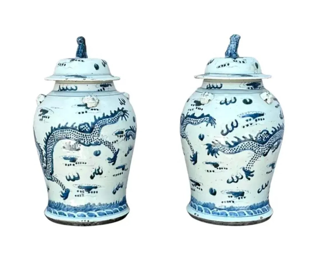 Chinese Blue and White Chinese Porcelain Jars With Lids - A Pair - 3