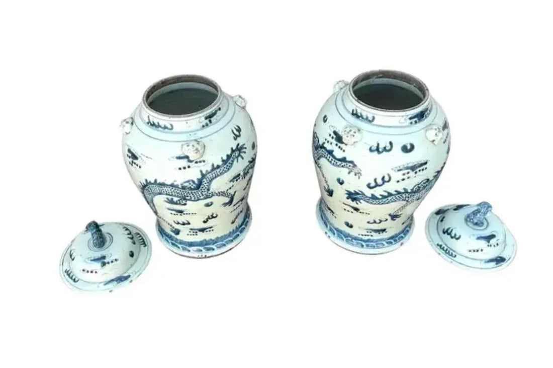 Chinese Blue and White Chinese Porcelain Jars With Lids - A Pair - 4