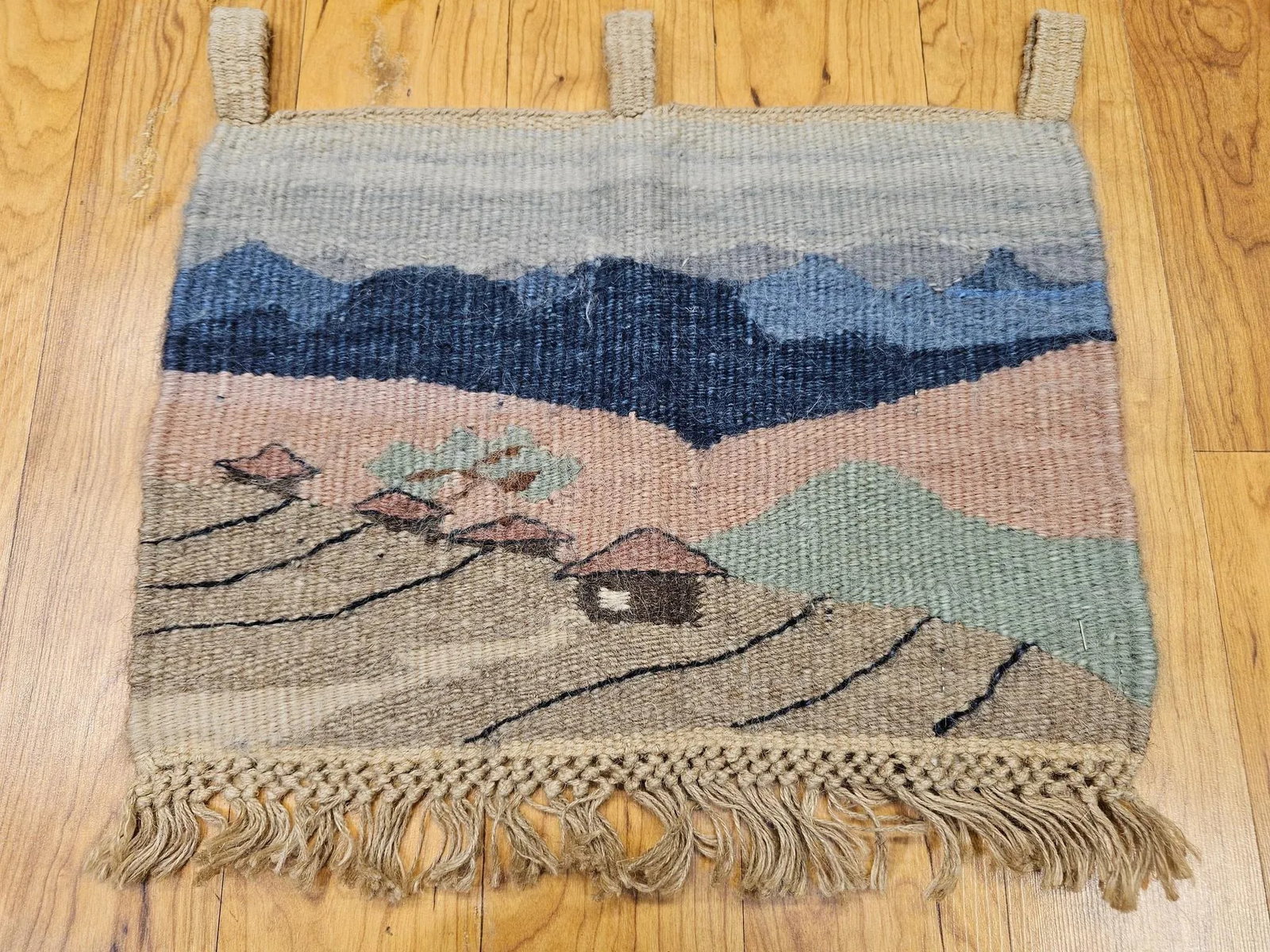Vintage Hand Woven African Tapestry Depicting Village and Mountain Landscape - 3